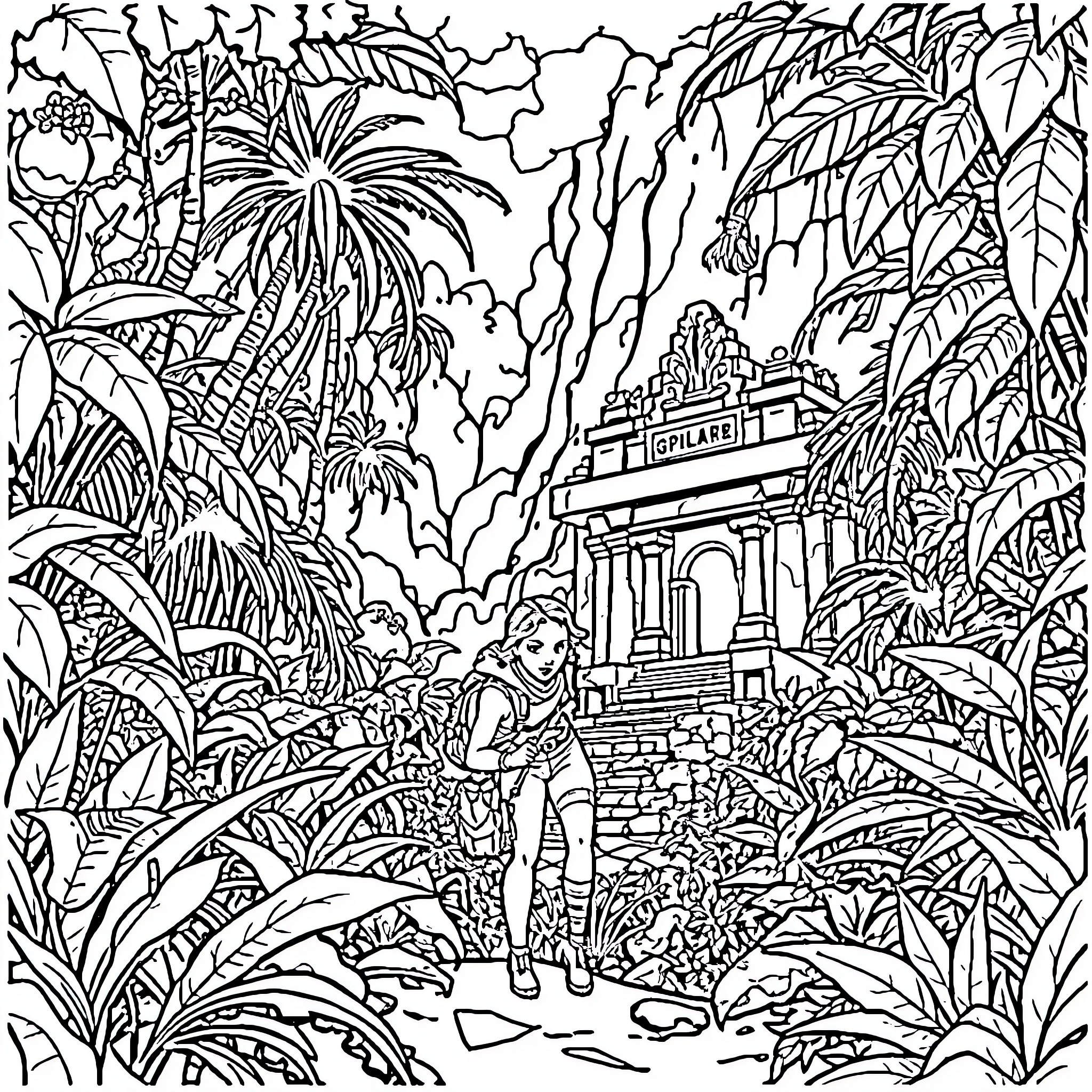 Woman exploring the lush jungle landscape Coloring Page (free black-and-white line drawing printable PDF for all, from beginners to advanced learners, including children, teens, adults, and seniors)