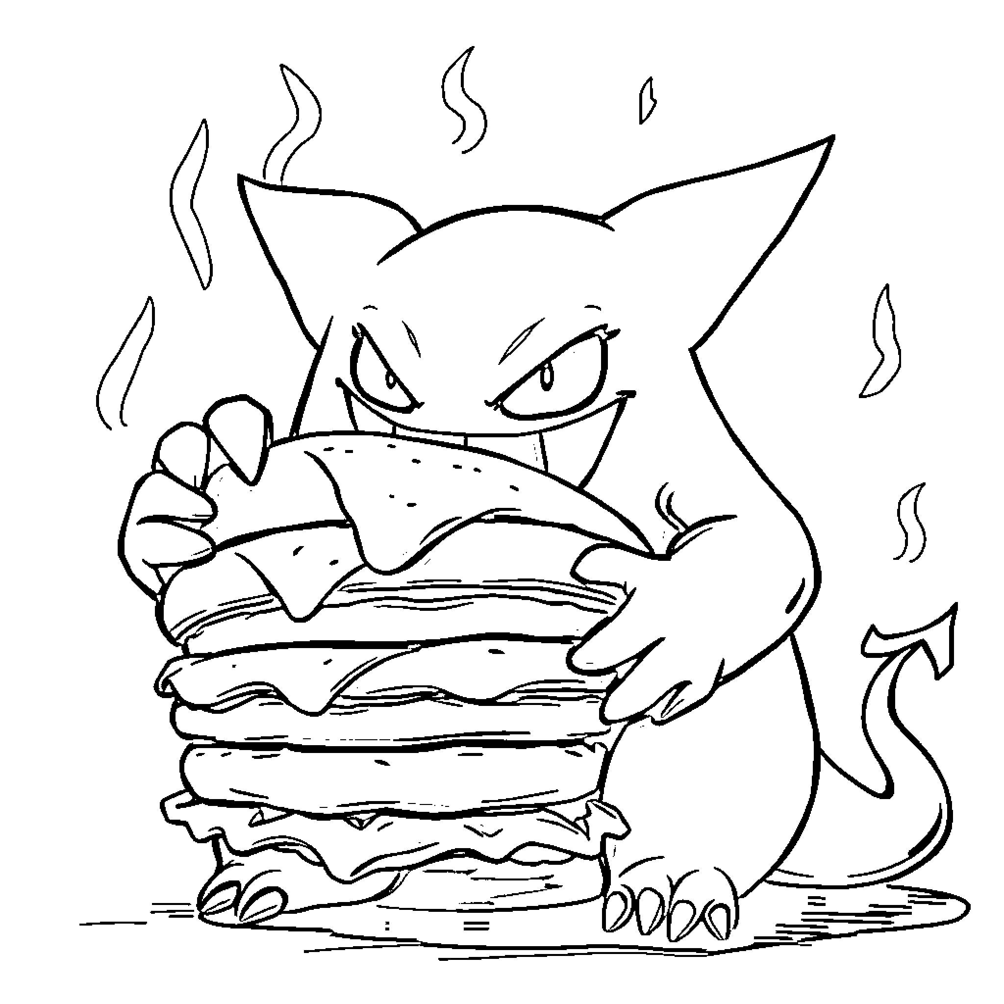 Gengar devouring a gigantic burger with intensity Coloring Page (free black-and-white line drawing printable PDF for all, from beginners to advanced learners, including children, teens, adults, and seniors)