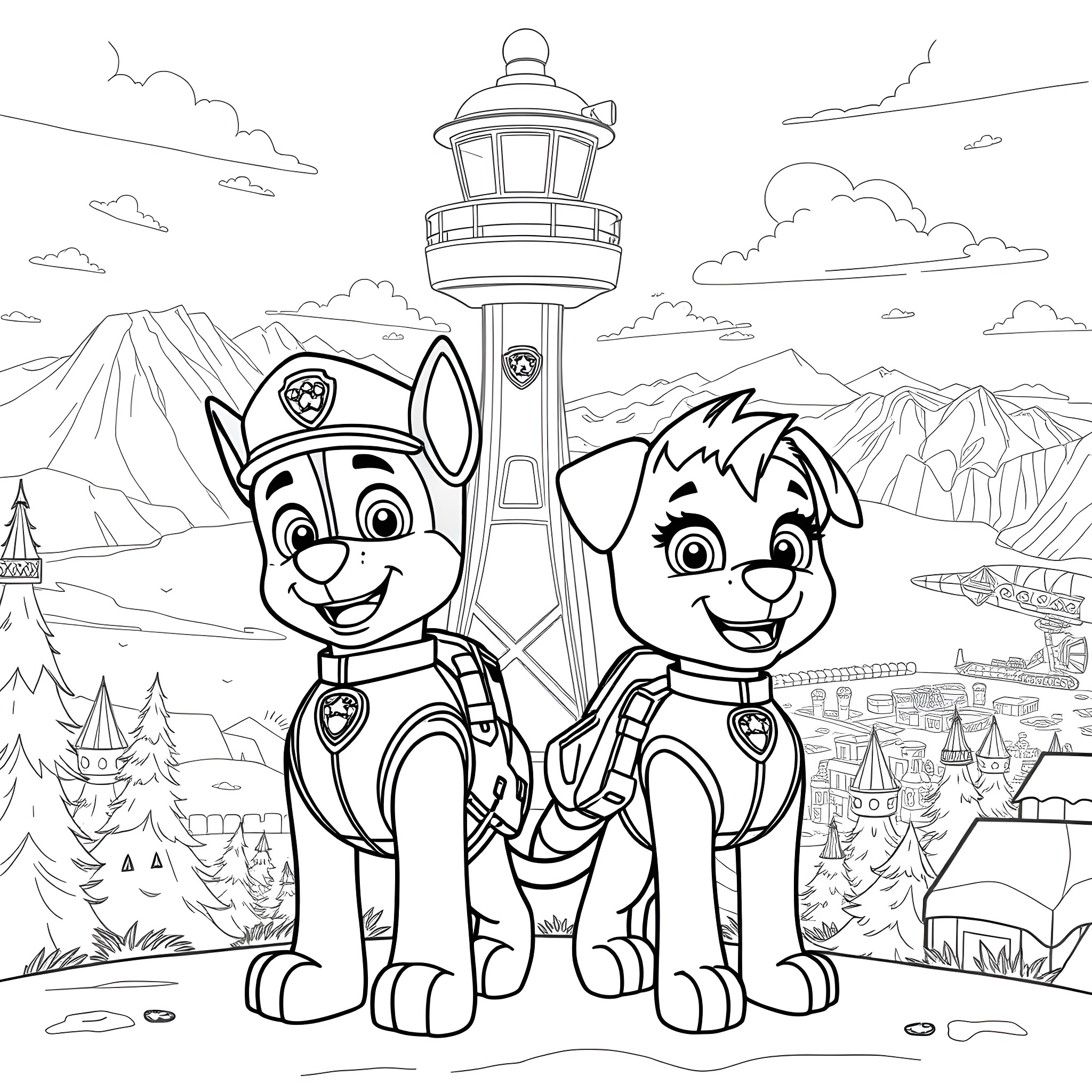 Paw Patrol puppies exploring lighthouse and landscape Coloring Page (free black-and-white line drawing printable PDF for all, from beginners to advanced learners, including children, teens, adults, and seniors)