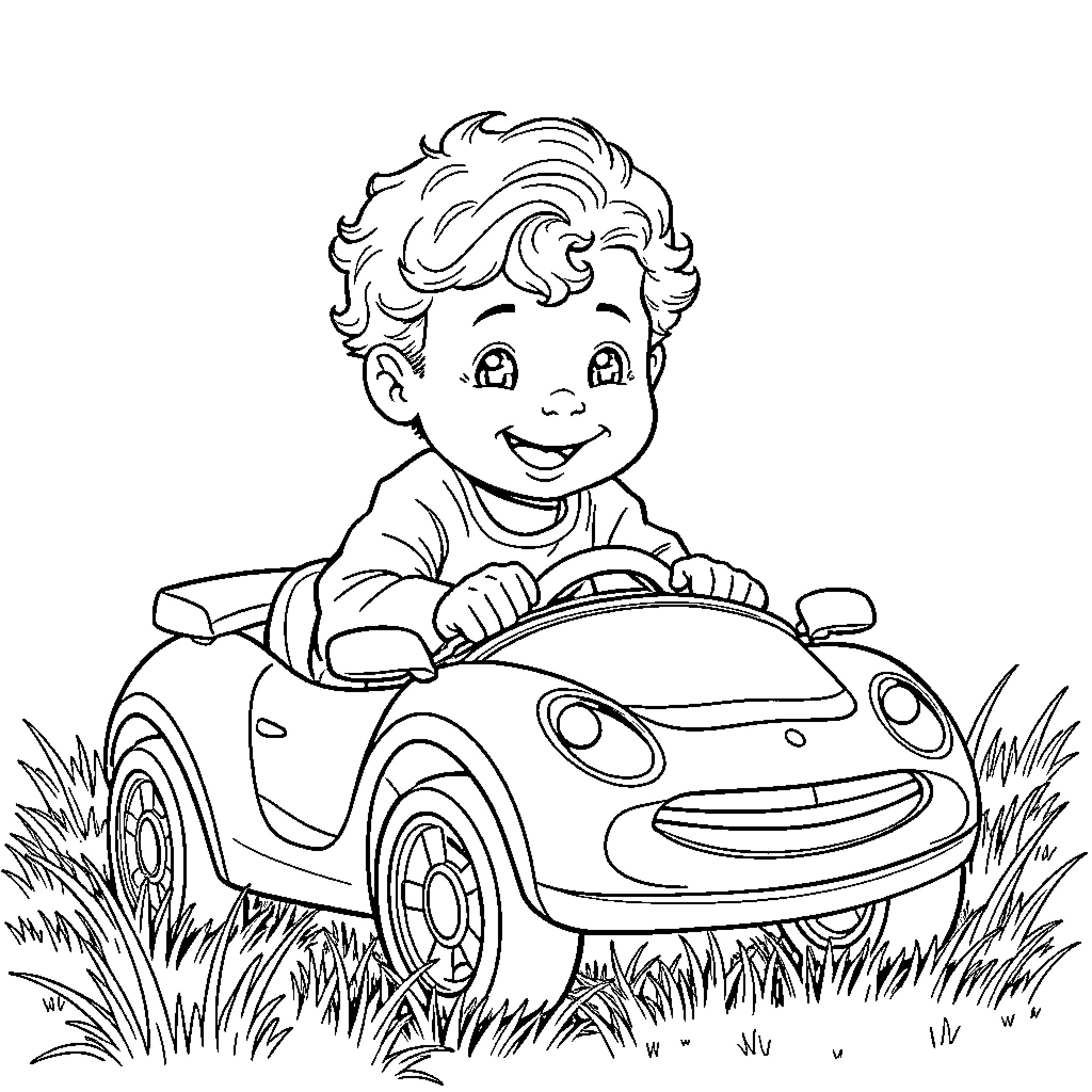 Boy joyfully driving a toy car outdoors Coloring Page (free black-and-white line drawing printable PDF for all, from beginners to advanced learners, including children, teens, adults, and seniors)