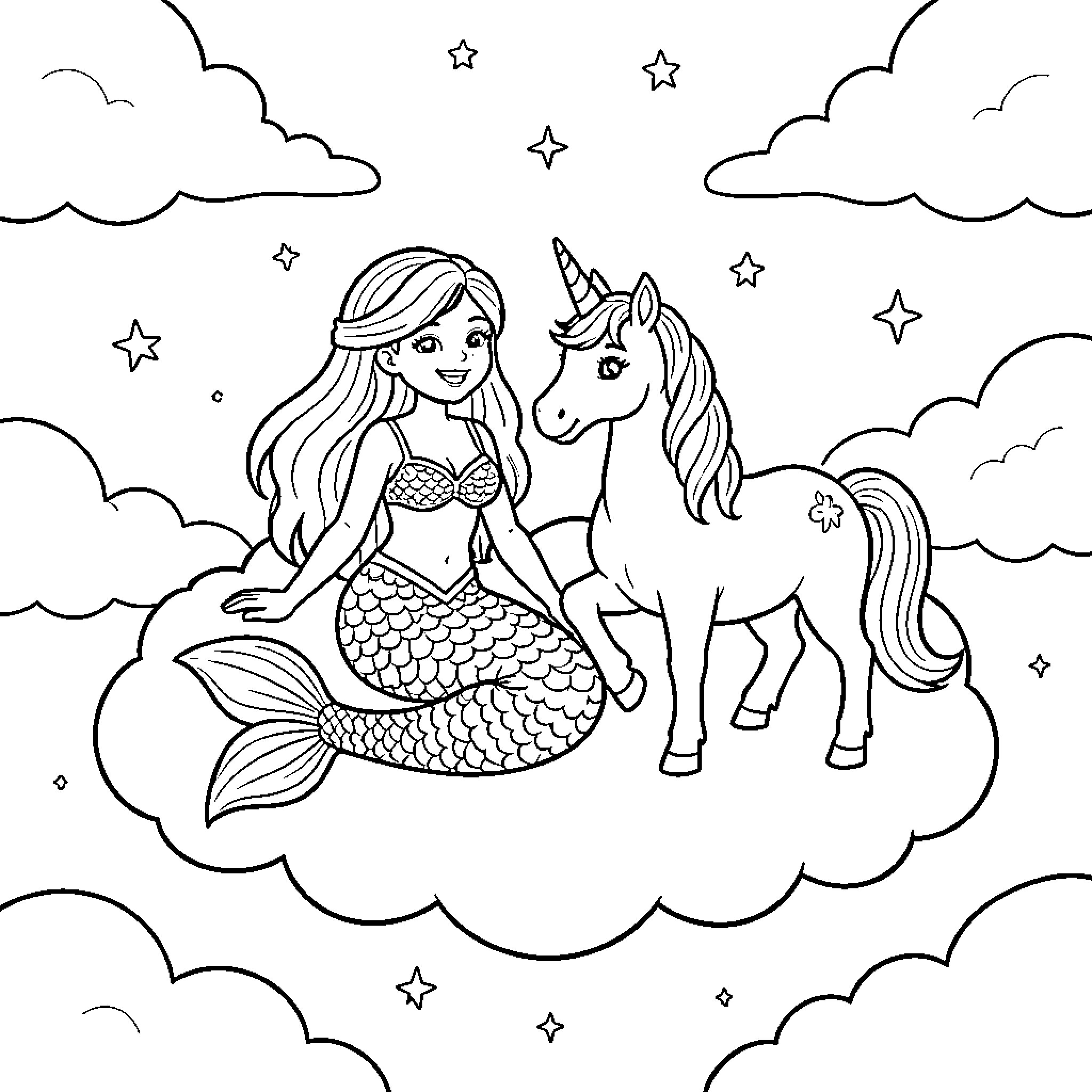 Mermaid sitting happily with a unicorn on a cloud Coloring Page (free black-and-white line drawing printable PDF for all, from beginners to advanced learners, including children, teens, adults, and seniors)