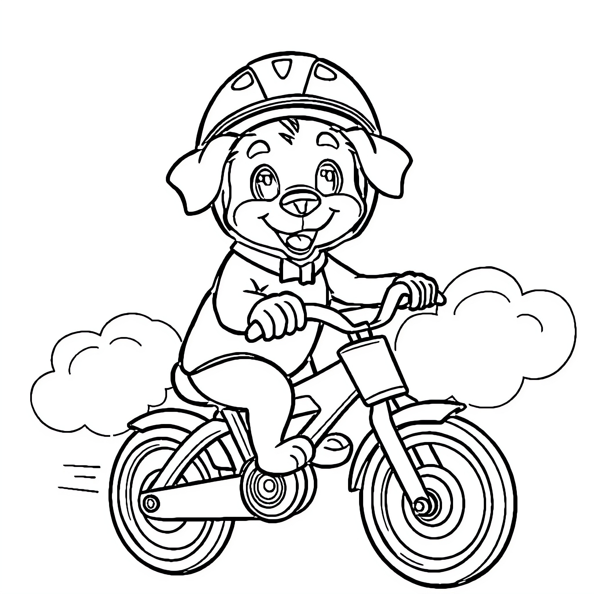 Dog riding a bicycle in the clouds Coloring Page (free black-and-white line drawing printable PDF for all, from beginners to advanced learners, including children, teens, adults, and seniors)