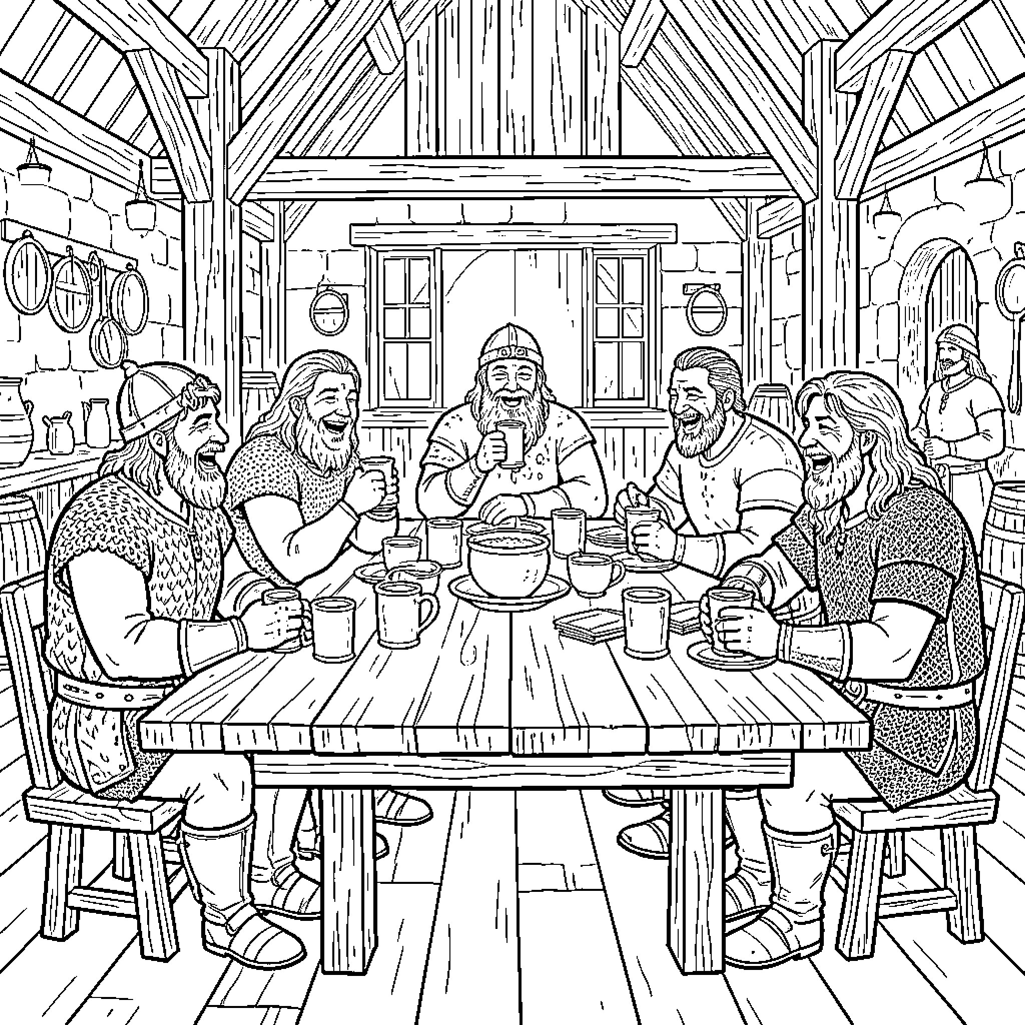 Warrior Chieftains Feasting in Rustic Cabin Coloring Page (free black-and-white line drawing printable PDF for all, from beginners to advanced learners, including children, teens, adults, and seniors)