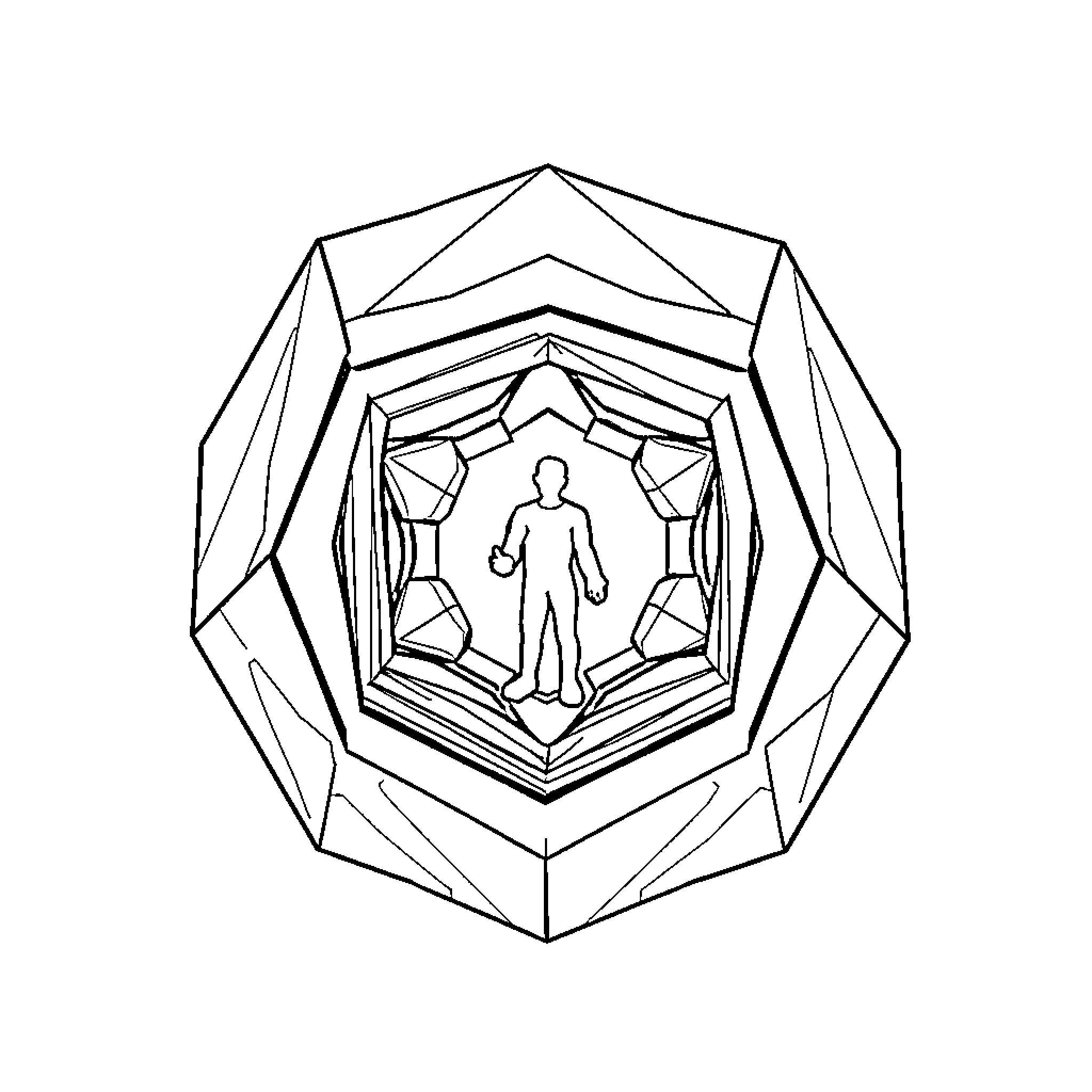 Dodecahedron featuring silhouetted person within Coloring Page (free black-and-white line drawing printable PDF for all, from beginners to advanced learners, including children, teens, adults, and seniors)