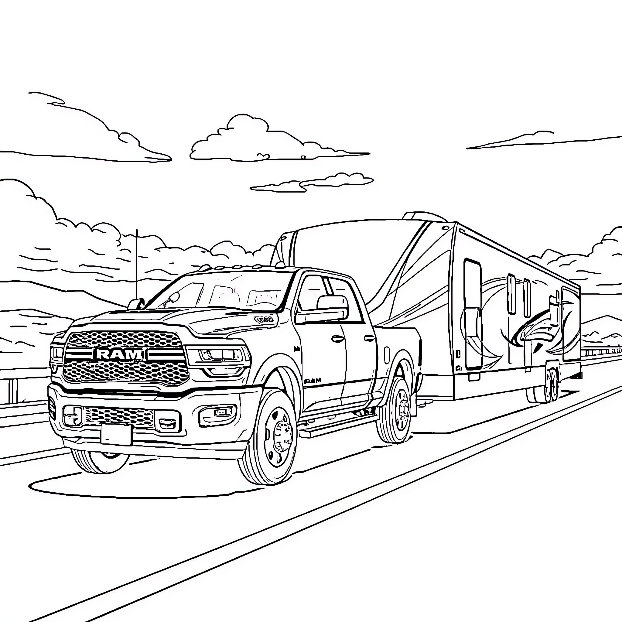 Truck hauling trailer on open road Coloring Page (free black-and-white line drawing printable PDF for all, from beginners to advanced learners, including children, teens, adults, and seniors)