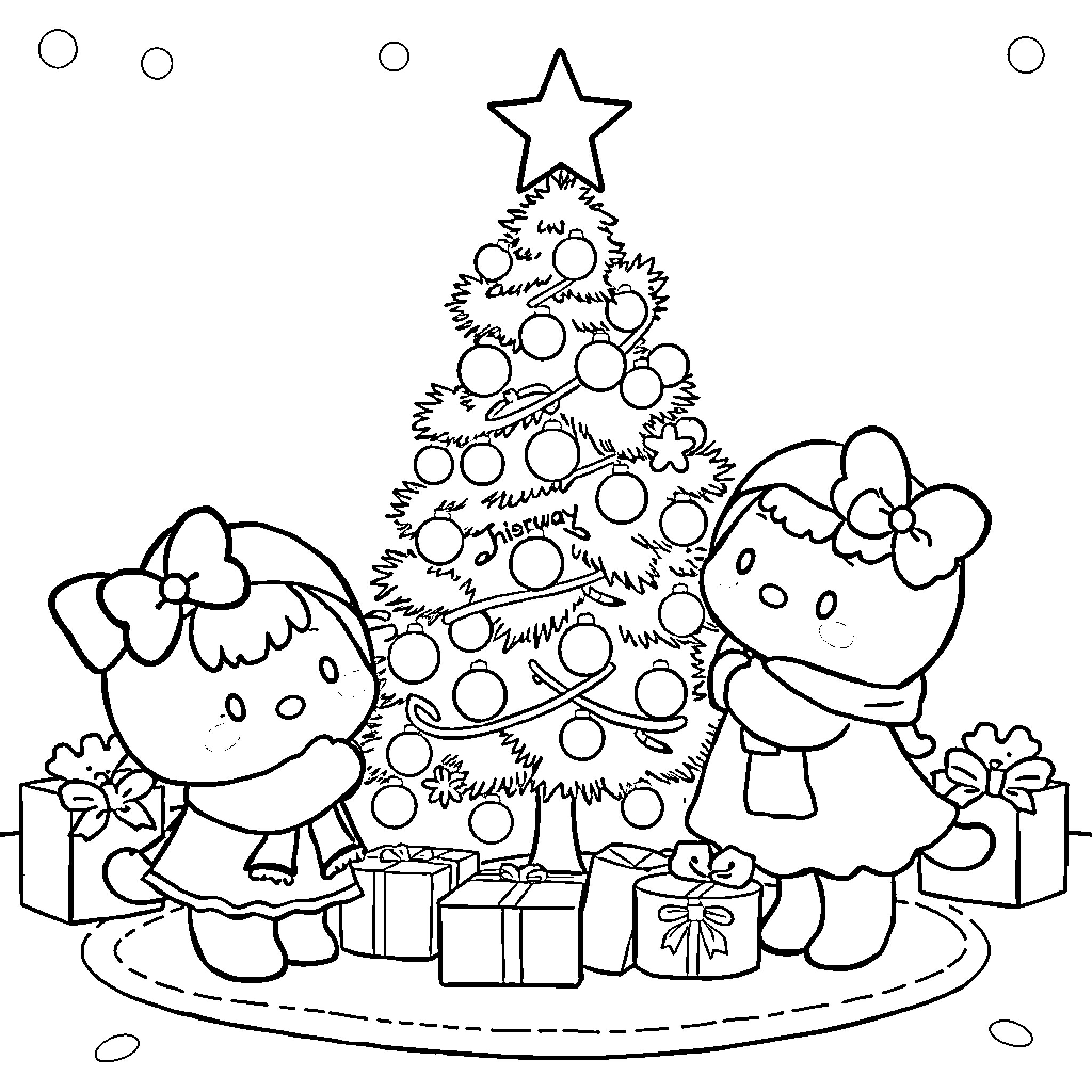 Cinnamoroll decorating Christmas tree with friends Coloring Page (free black-and-white line drawing printable PDF for all, from beginners to advanced learners, including children, teens, adults, and seniors)