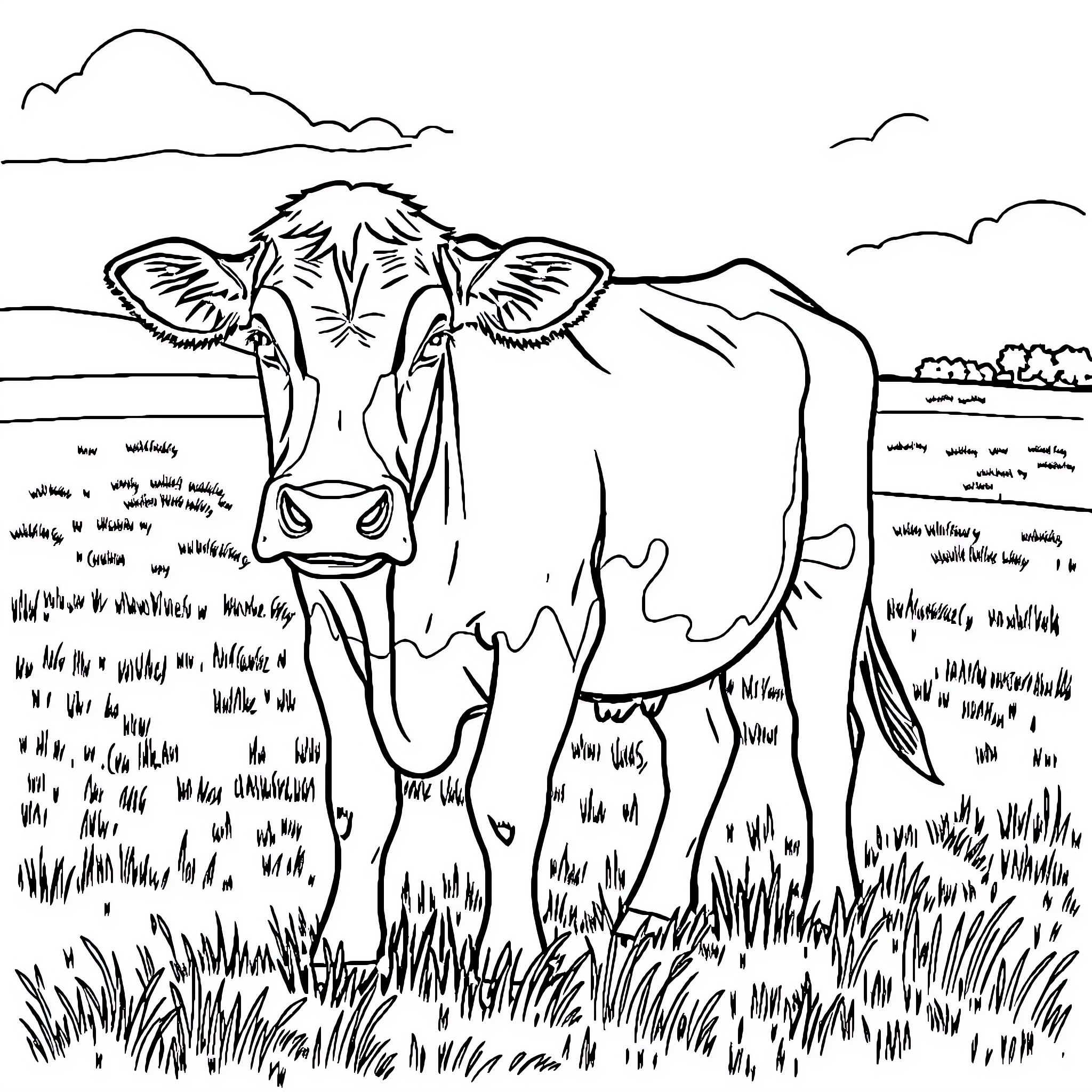 Cow standing in a grassy field Coloring Page (free black-and-white line drawing printable PDF for all, from beginners to advanced learners, including children, teens, adults, and seniors)