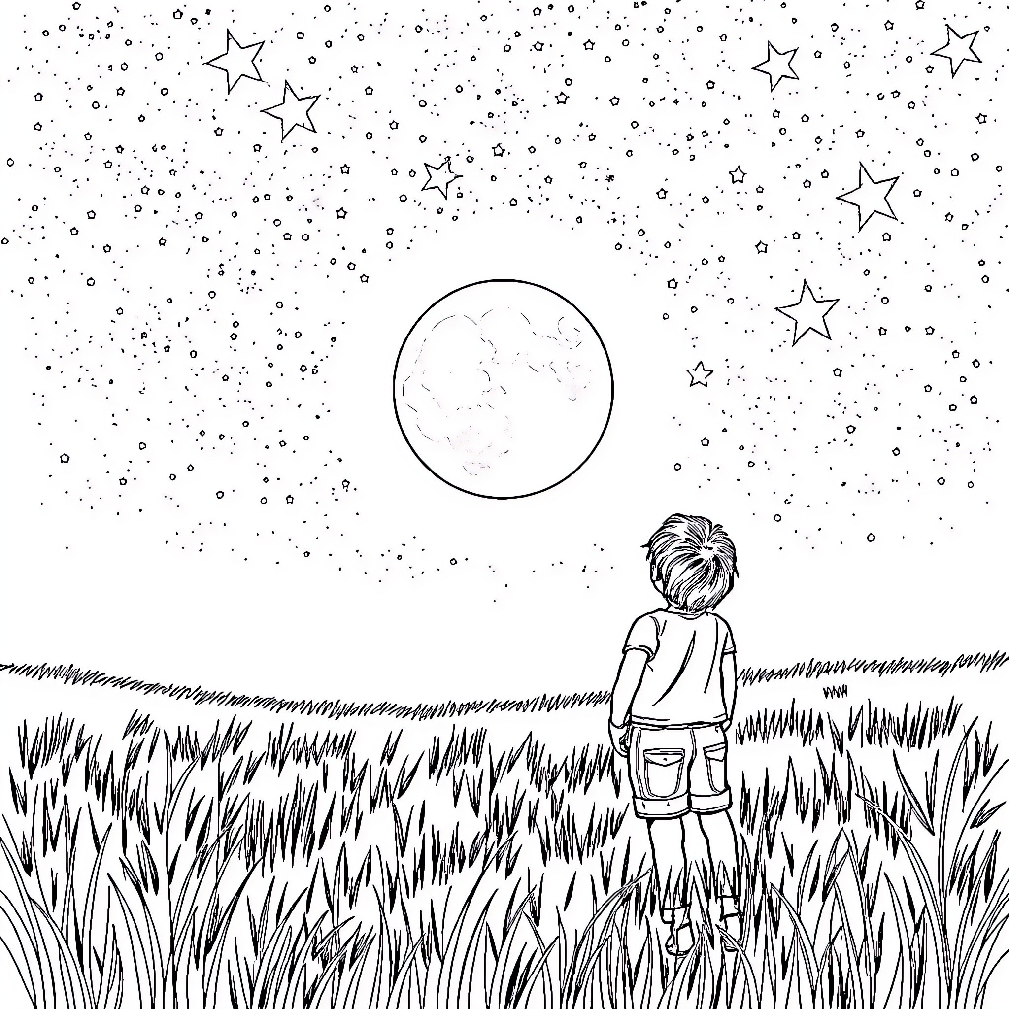 Boy gazing at the starry night sky Coloring Page (free black-and-white line drawing printable PDF for all, from beginners to advanced learners, including children, teens, adults, and seniors)