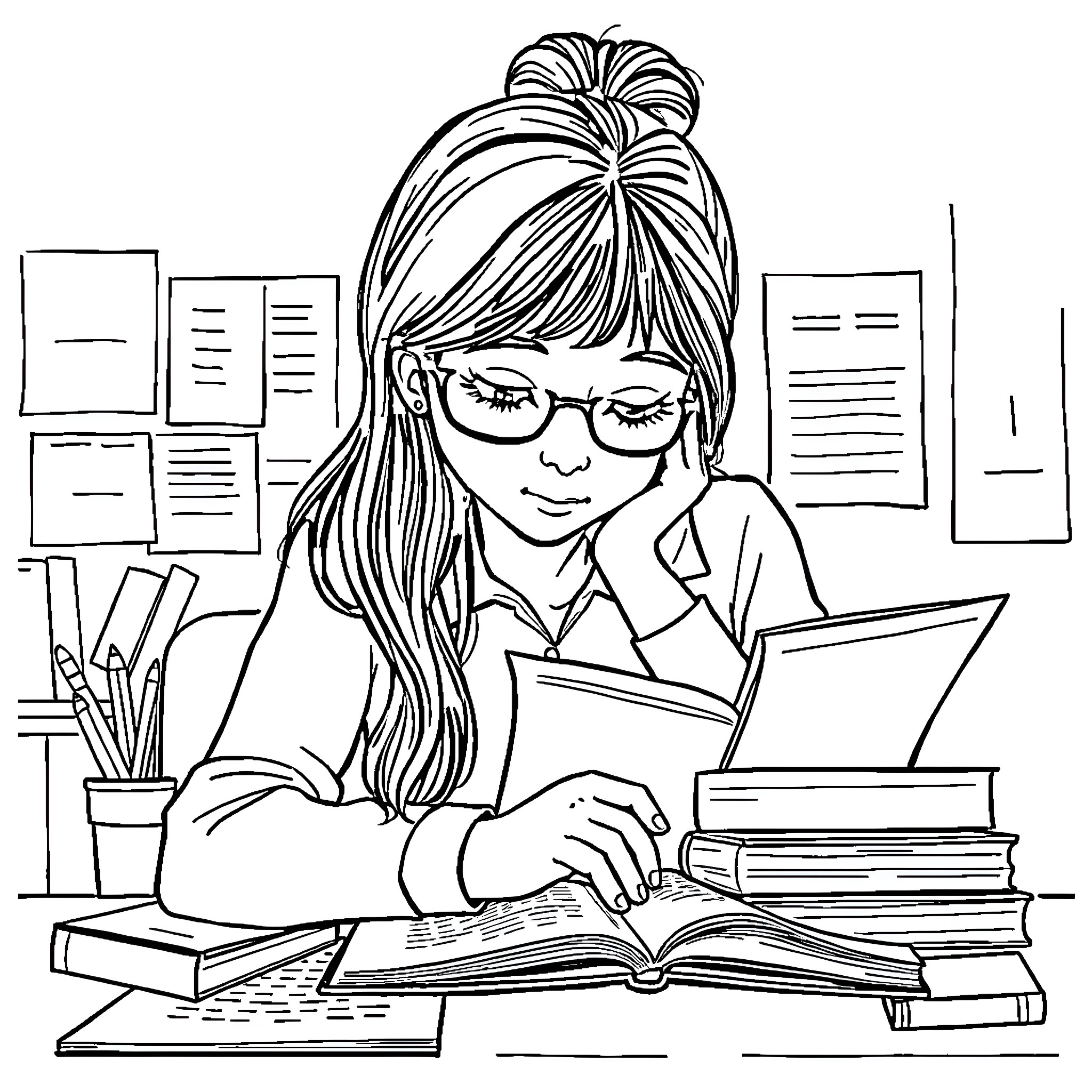 Girl studying diligently at her desk Coloring Page (free black-and-white line drawing printable PDF for all, from beginners to advanced learners, including children, teens, adults, and seniors)