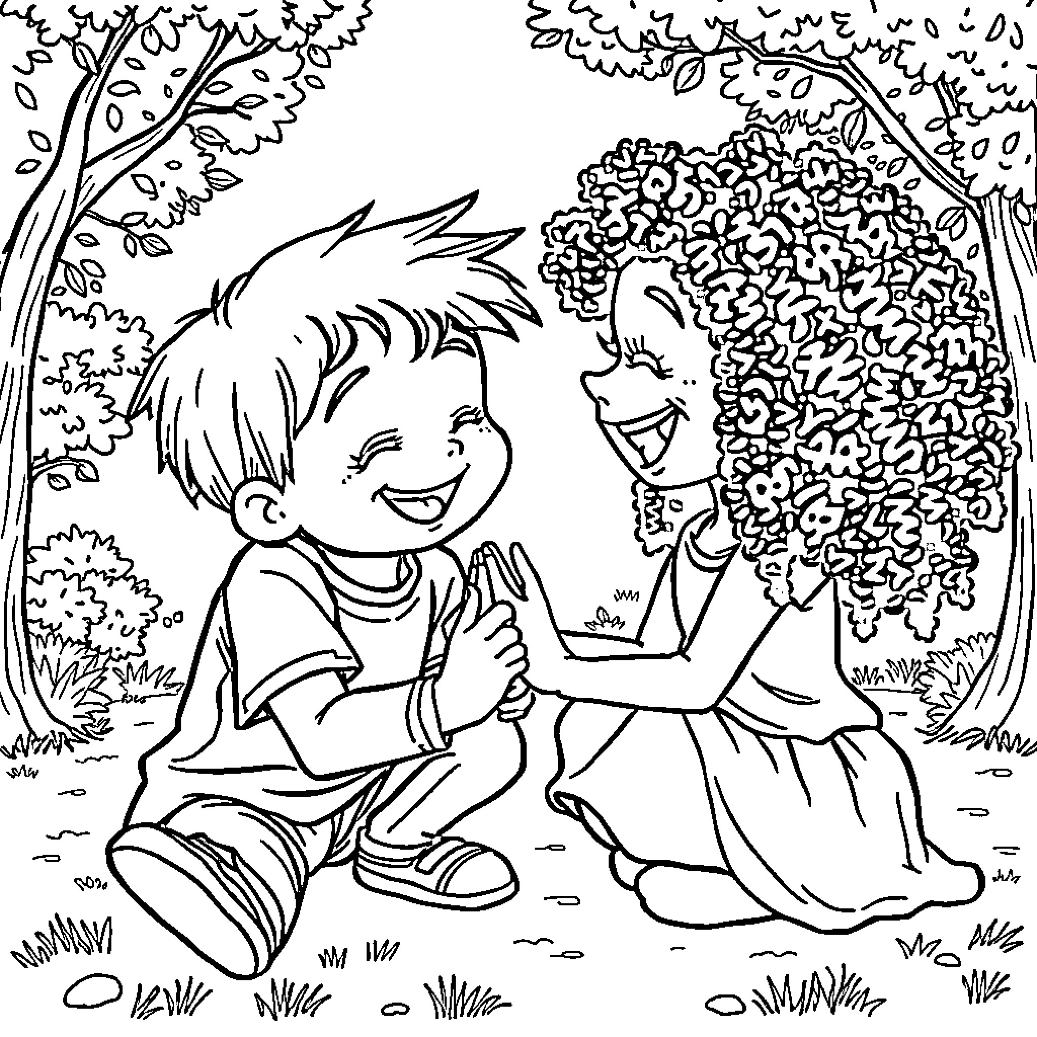 Child playing happily with friend in the park Coloring Page (free black-and-white line drawing printable PDF for all, from beginners to advanced learners, including children, teens, adults, and seniors)
