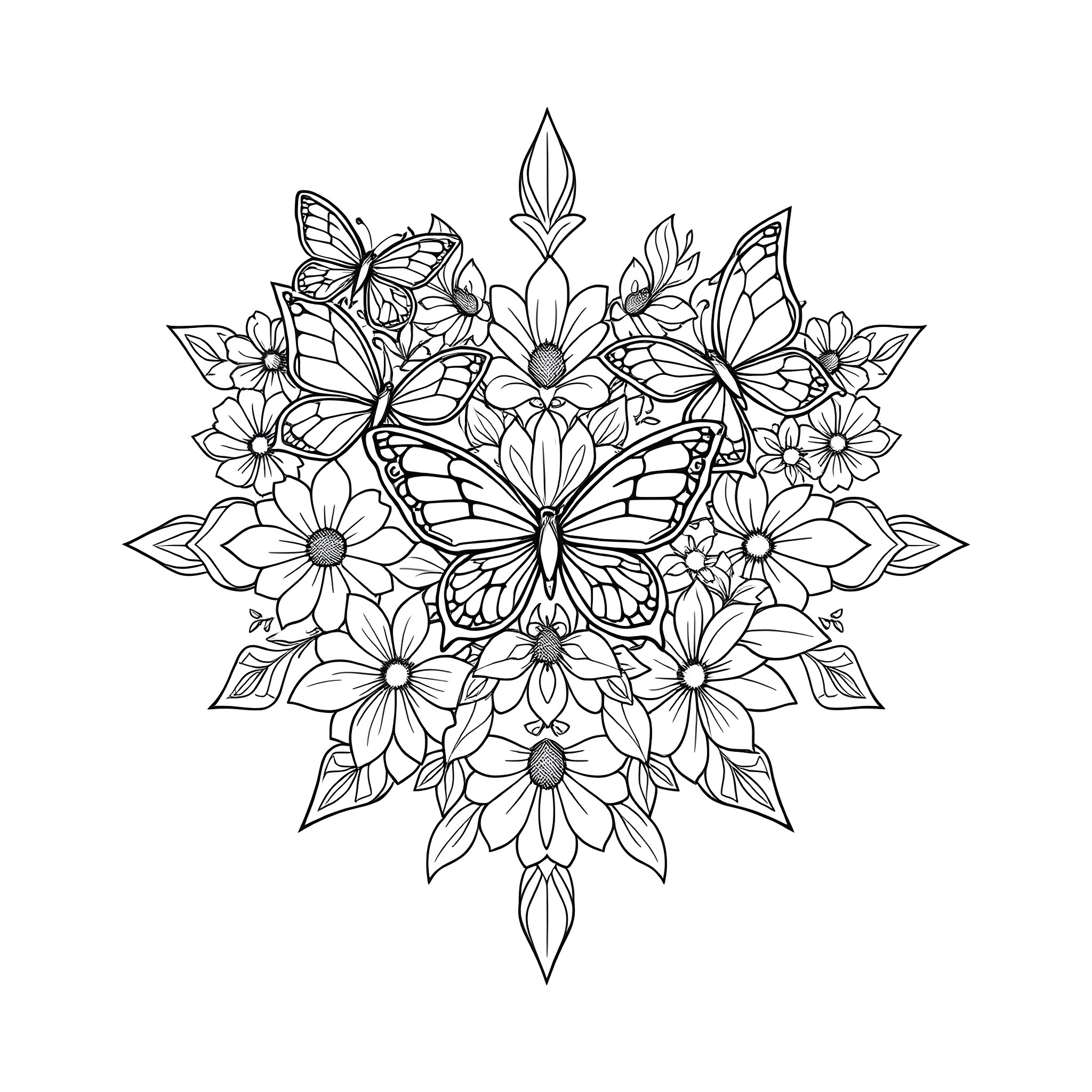 Mandala with butterflies and flowers Coloring Page (free black-and-white line drawing printable PDF for all, from beginners to advanced learners, including children, teens, adults, and seniors)