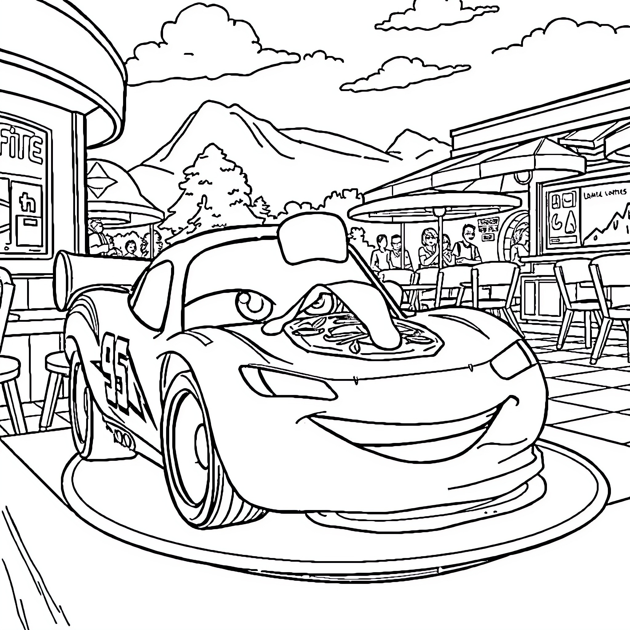 Lightning McQueen racing through a lively town Coloring Page (free black-and-white line drawing printable PDF for all, from beginners to advanced learners, including children, teens, adults, and seniors)