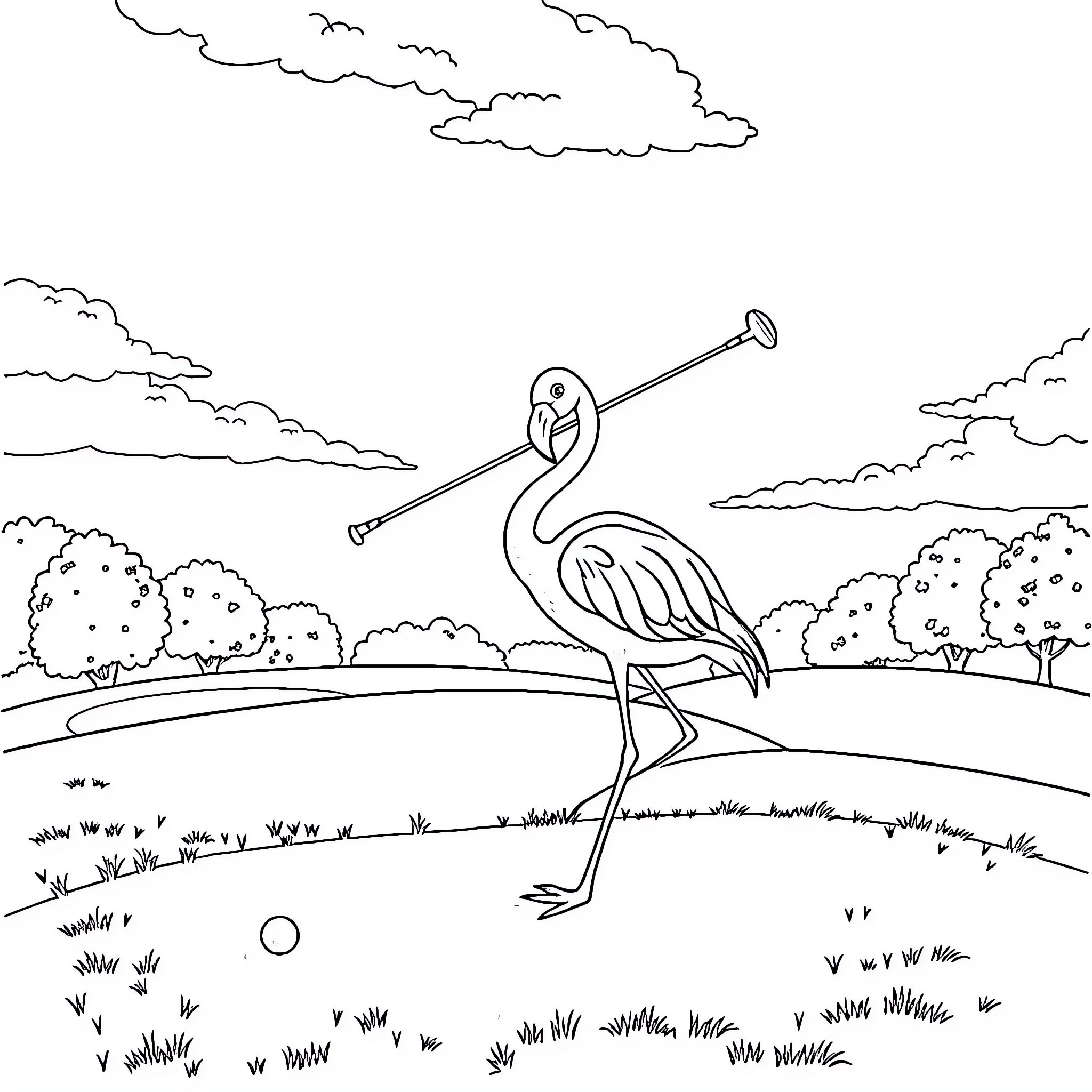 Flamingo playing with a trumpet in a landscape Coloring Page (free black-and-white line drawing printable PDF for all, from beginners to advanced learners, including children, teens, adults, and seniors)