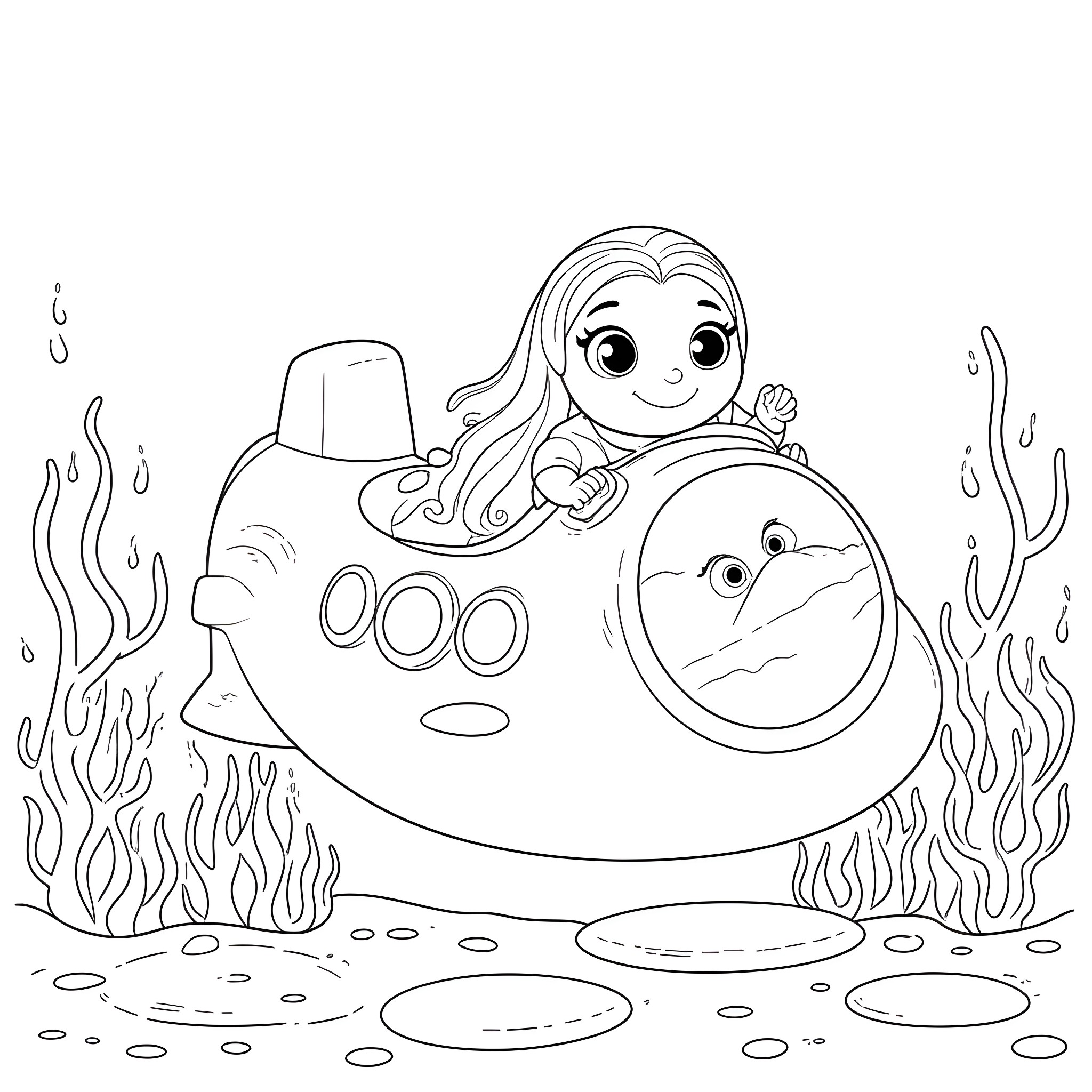Stella's Underwater Submarine Adventure Coloring Page (free black-and-white line drawing printable PDF for all, from beginners to advanced learners, including children, teens, adults, and seniors)