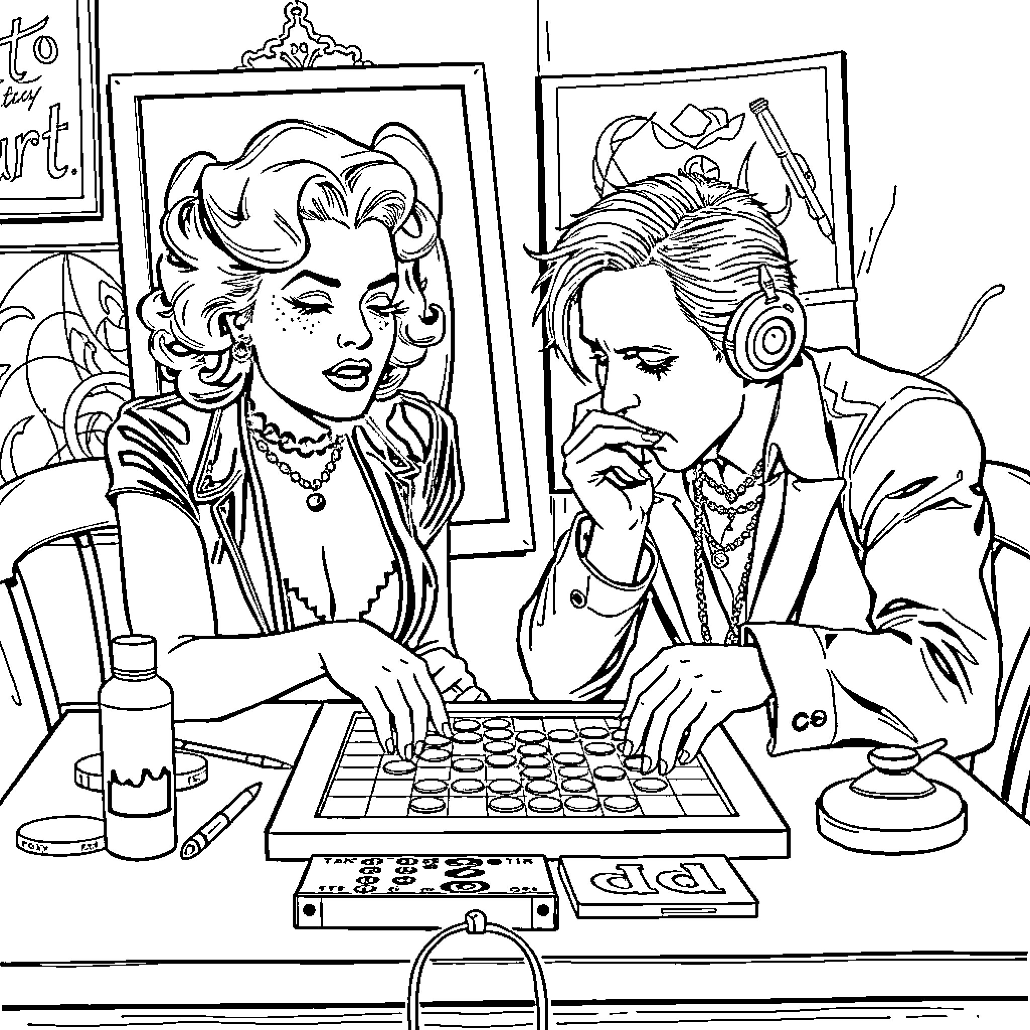 Marilyn Monroe playing chess with a stylish gentleman Coloring Page (free black-and-white line drawing printable PDF for all, from beginners to advanced learners, including children, teens, adults, and seniors)