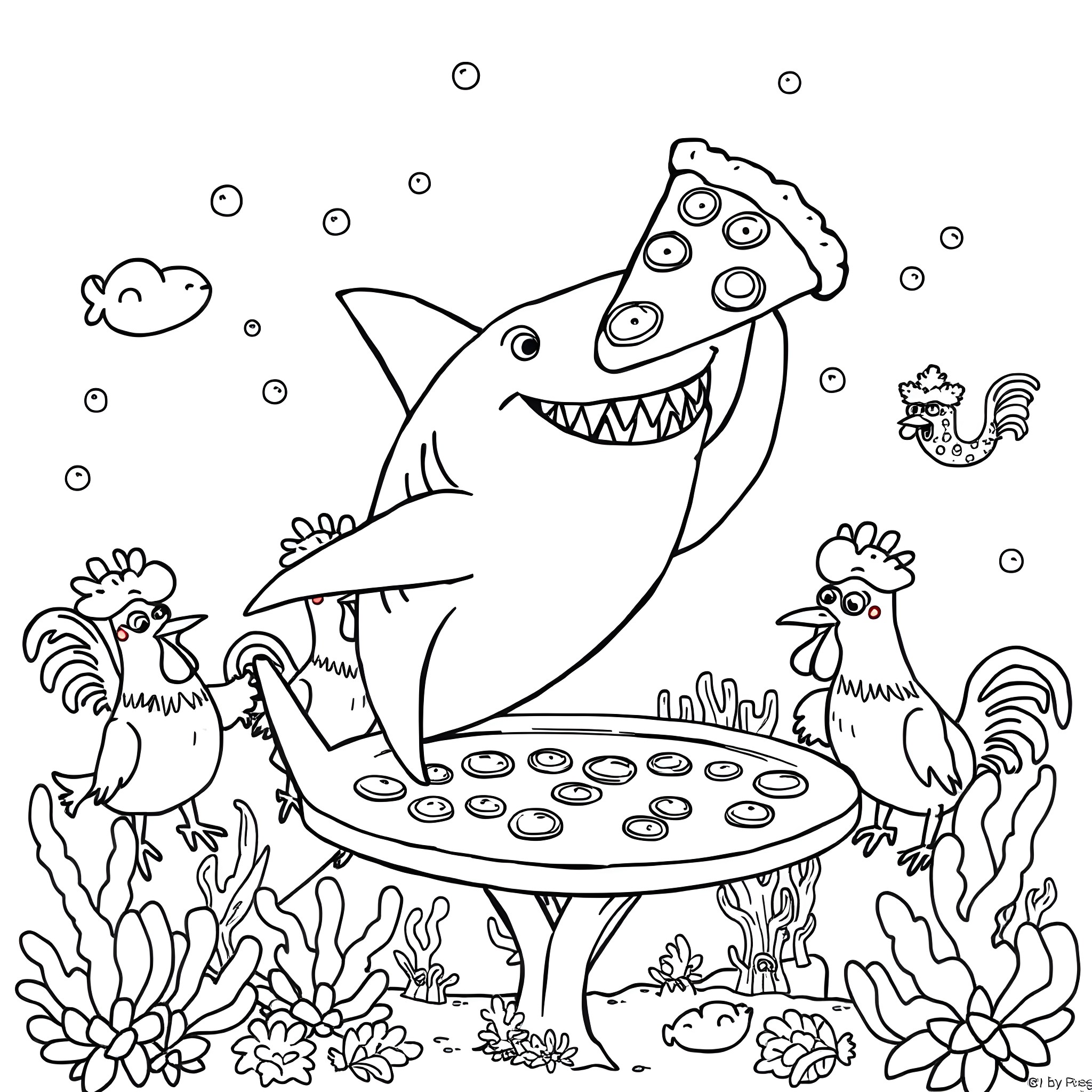 Wobbegong Shark enjoying a meal with chicken friends Coloring Page (free black-and-white line drawing printable PDF for all, from beginners to advanced learners, including children, teens, adults, and seniors)
