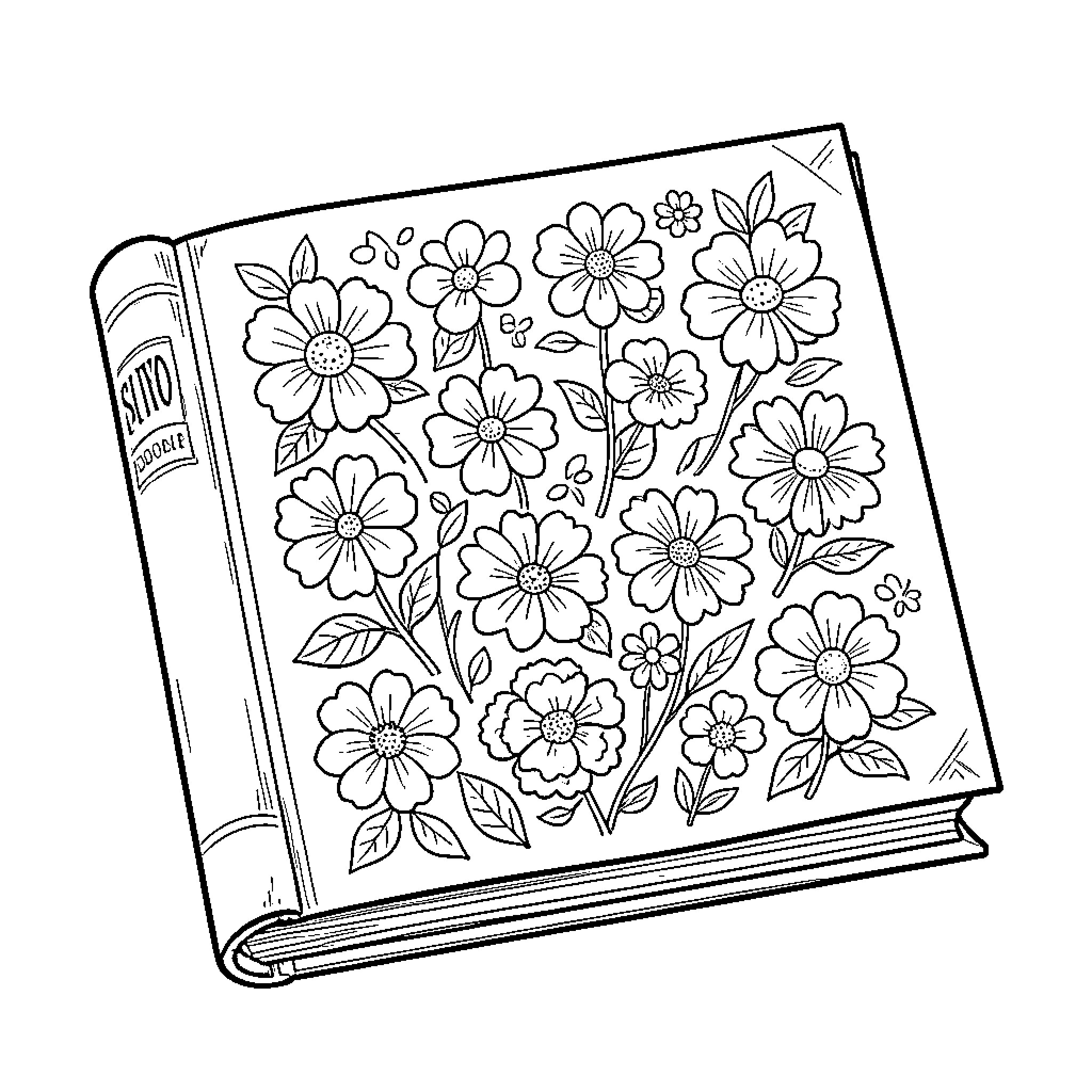Flower book filled with blooming flowers Coloring Page (free black-and-white line drawing printable PDF for all, from beginners to advanced learners, including children, teens, adults, and seniors)