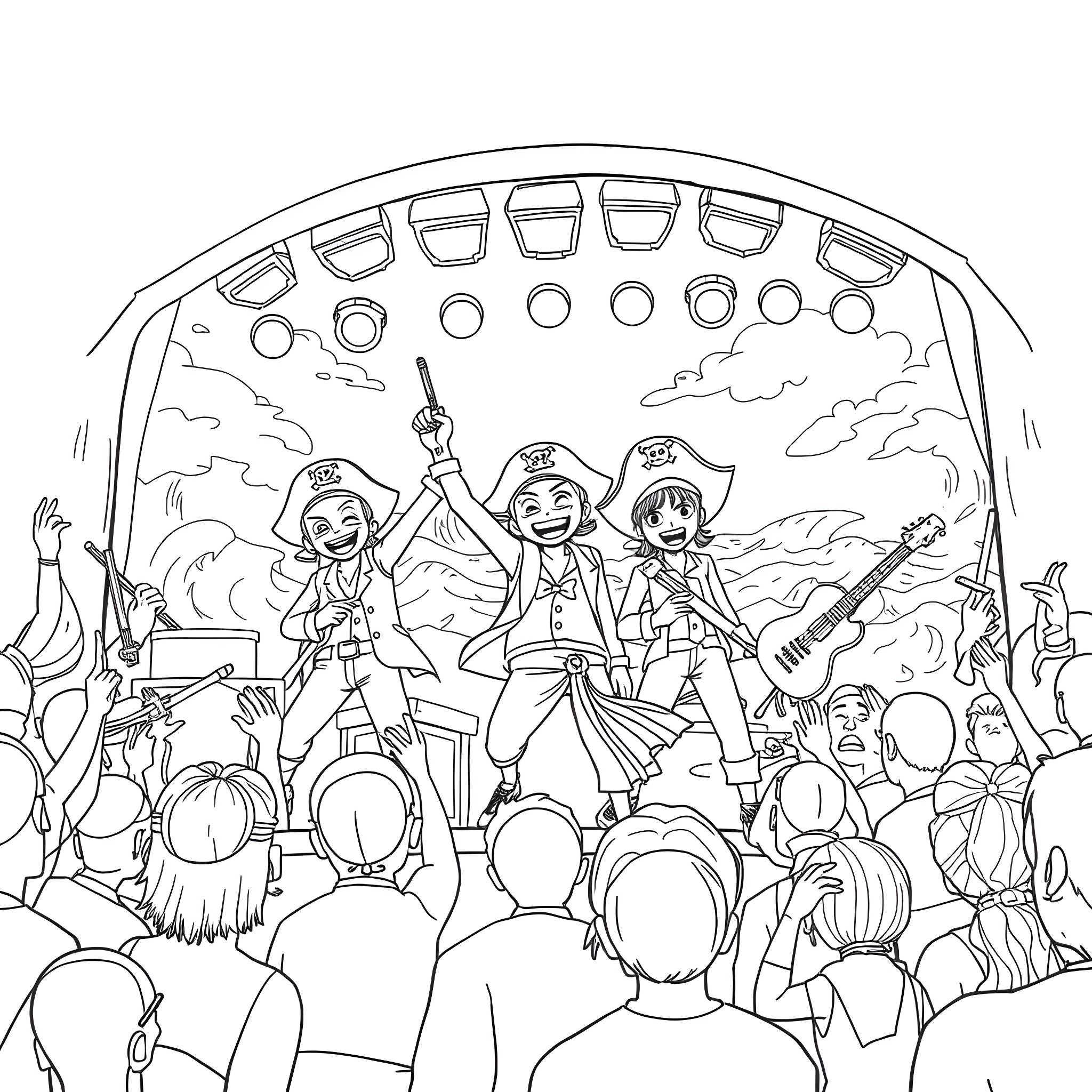 Straw Hat Pirates performing for a crowd Coloring Page (free black-and-white line drawing printable PDF for all, from beginners to advanced learners, including children, teens, adults, and seniors)