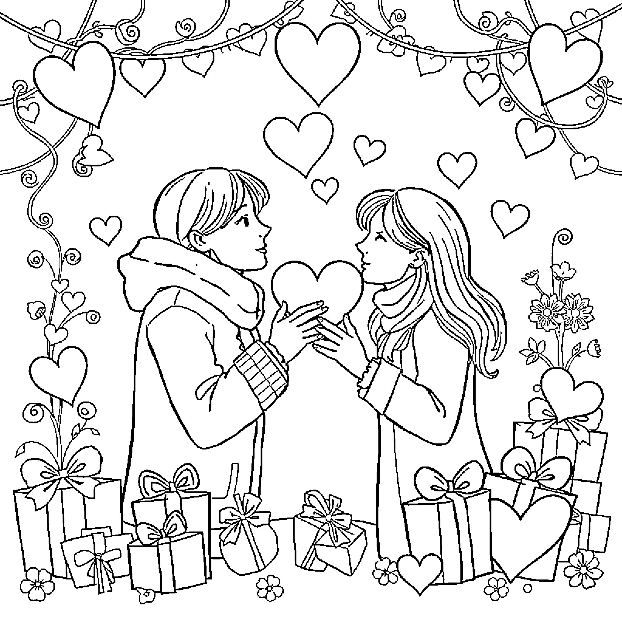 Valentine's Romantic Couple Exchanging Gifts Coloring Page (free black-and-white line drawing printable PDF for all, from beginners to advanced learners, including children, teens, adults, and seniors)