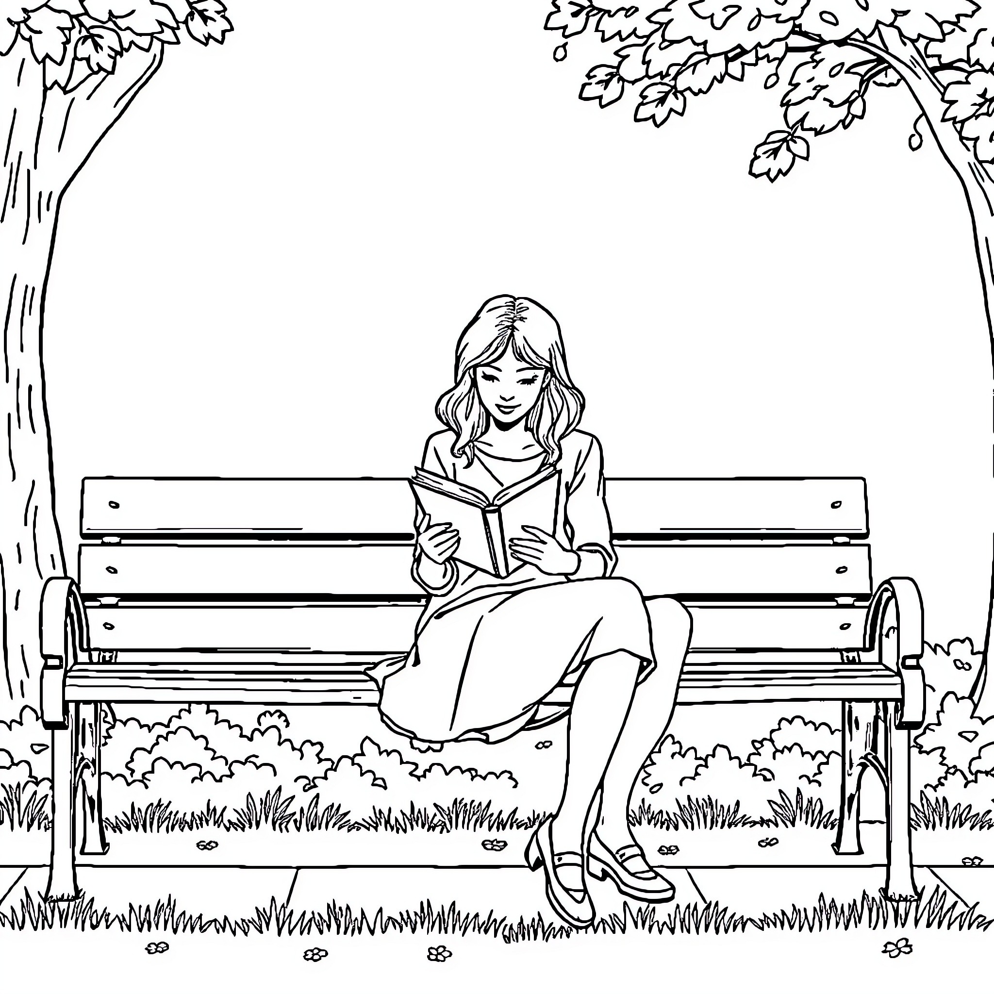 Woman reading a book on a park bench Coloring Page (free black-and-white line drawing printable PDF for all, from beginners to advanced learners, including children, teens, adults, and seniors)