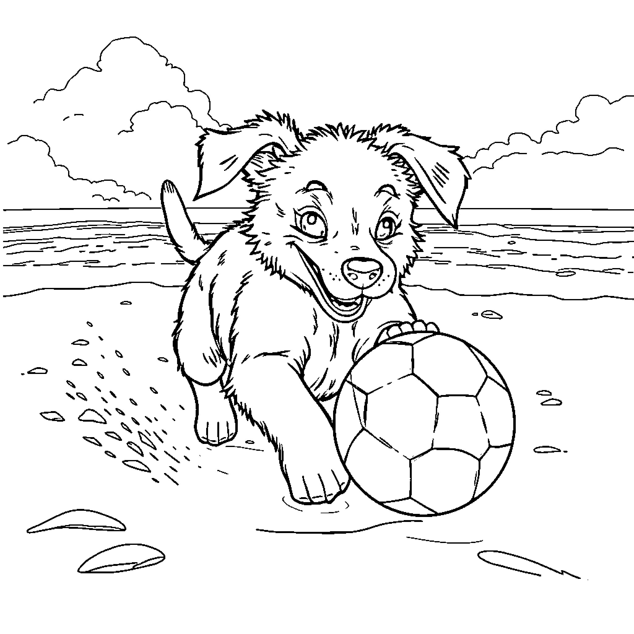 Puppy playing with soccer ball on the beach Coloring Page (free black-and-white line drawing printable PDF for all, from beginners to advanced learners, including children, teens, adults, and seniors)