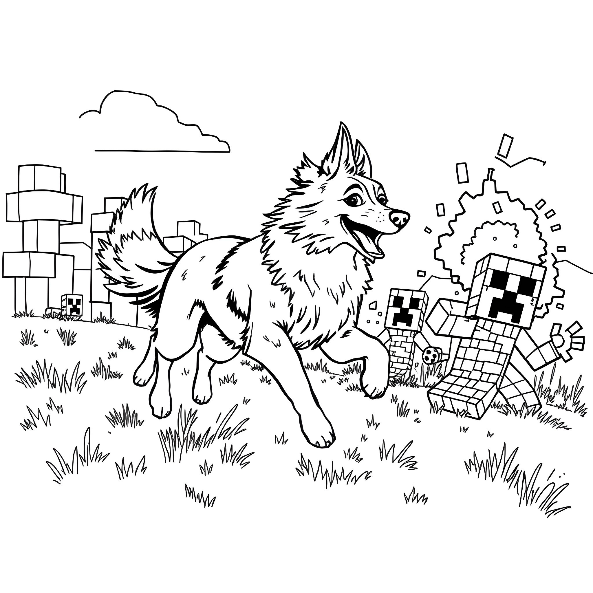 Border Collie playing in the countryside Coloring Page (free black-and-white line drawing printable PDF for all, from beginners to advanced learners, including children, teens, adults, and seniors)