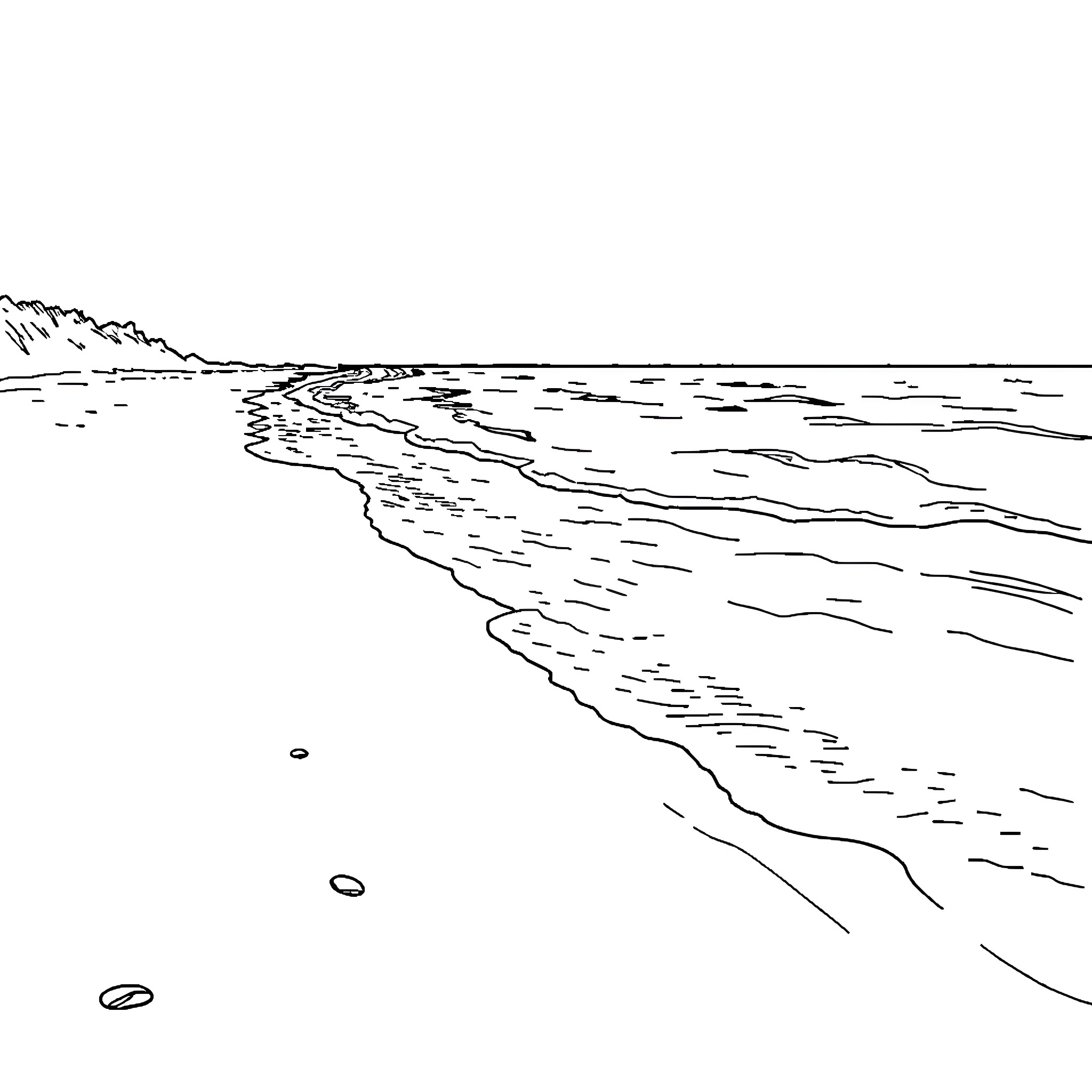 Beach scene with waves and shoreline Coloring Page (free black-and-white line drawing printable PDF for all, from beginners to advanced learners, including children, teens, adults, and seniors)