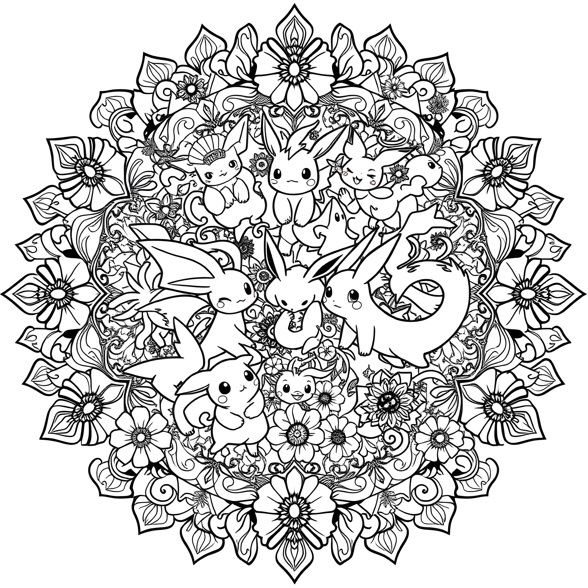 Mandala of whimsical creatures and flowers Coloring Page (free black-and-white line drawing printable PDF for all, from beginners to advanced learners, including children, teens, adults, and seniors)