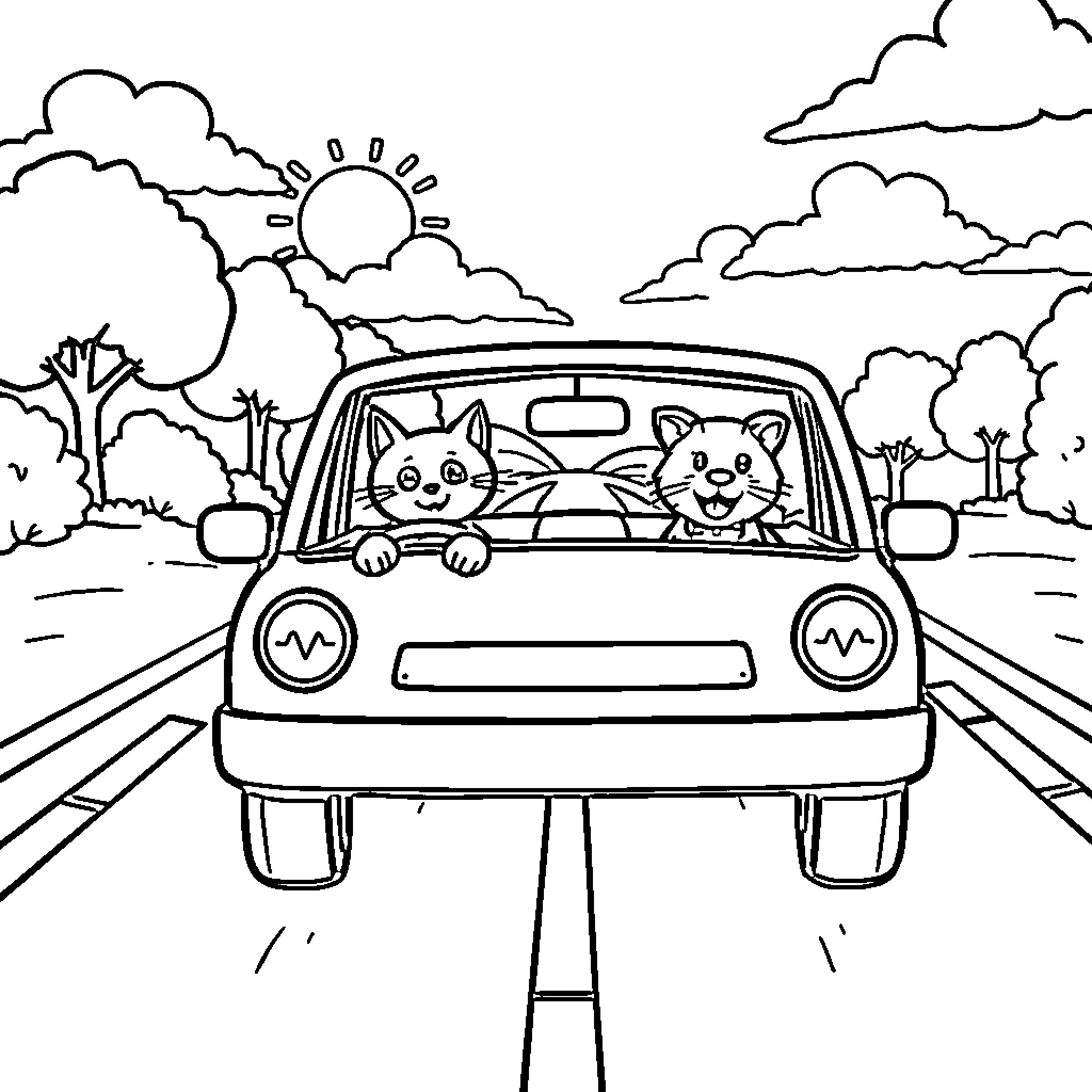 Cats driving joyfully down the road Coloring Page (free black-and-white line drawing printable PDF for all, from beginners to advanced learners, including children, teens, adults, and seniors)