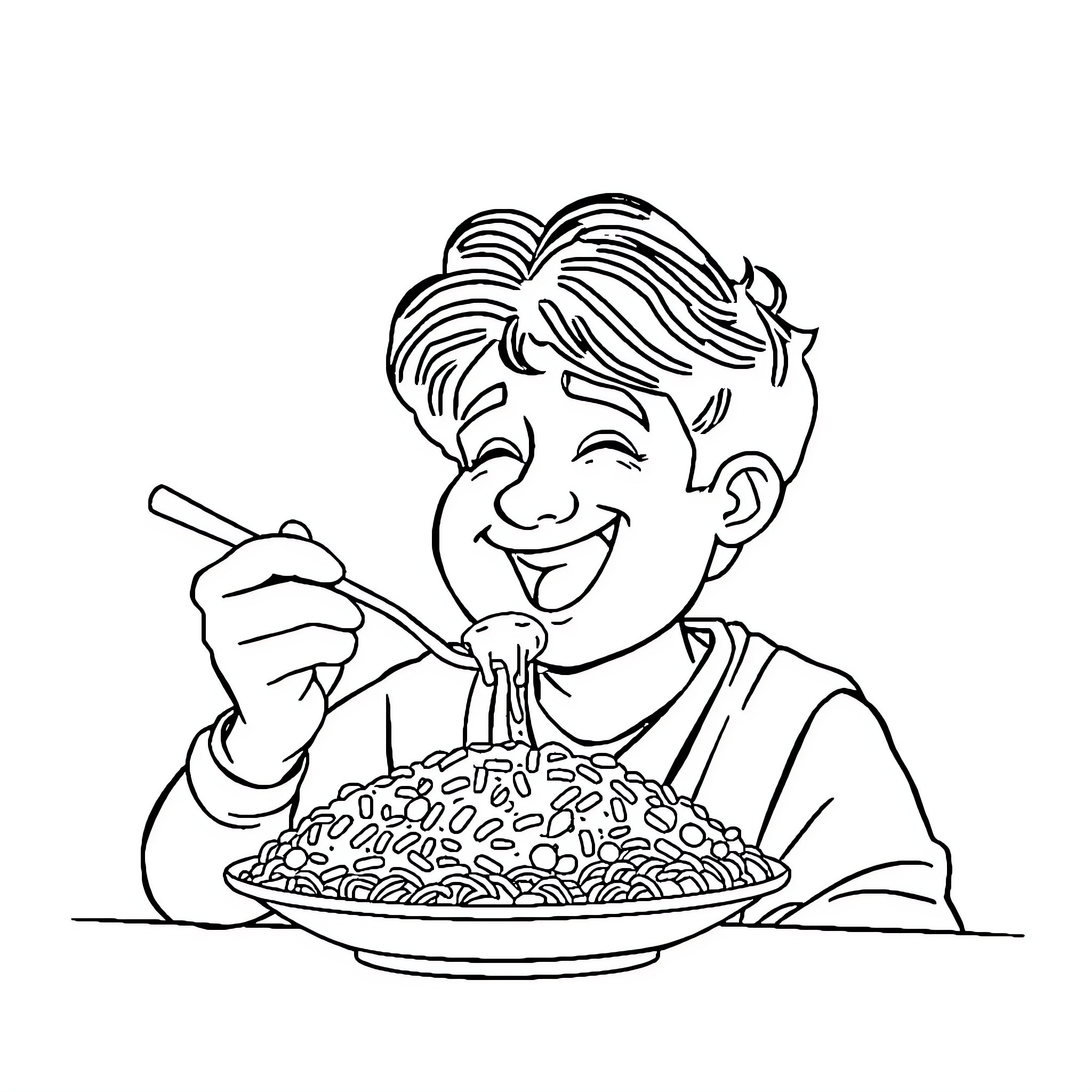 Indian Boy Enjoying a Hearty Meal Coloring Page (free black-and-white line drawing printable PDF for all, from beginners to advanced learners, including children, teens, adults, and seniors)