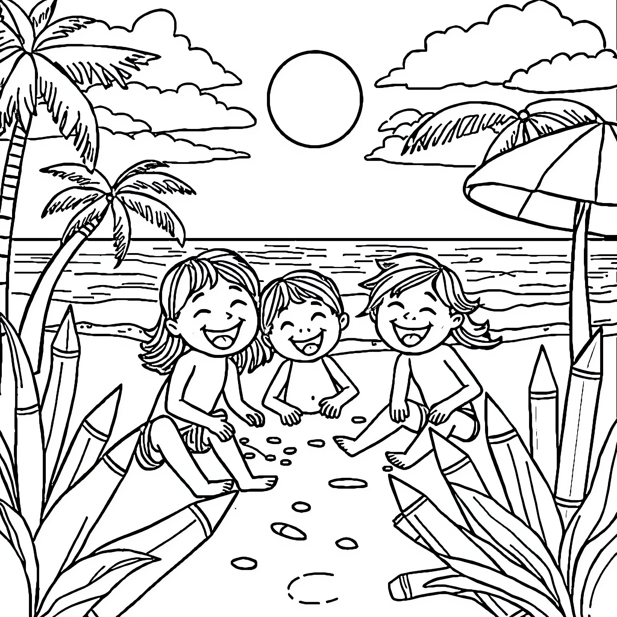 Crayon Children Enjoying Summer at the Beach Coloring Page (free black-and-white line drawing printable PDF for all, from beginners to advanced learners, including children, teens, adults, and seniors)