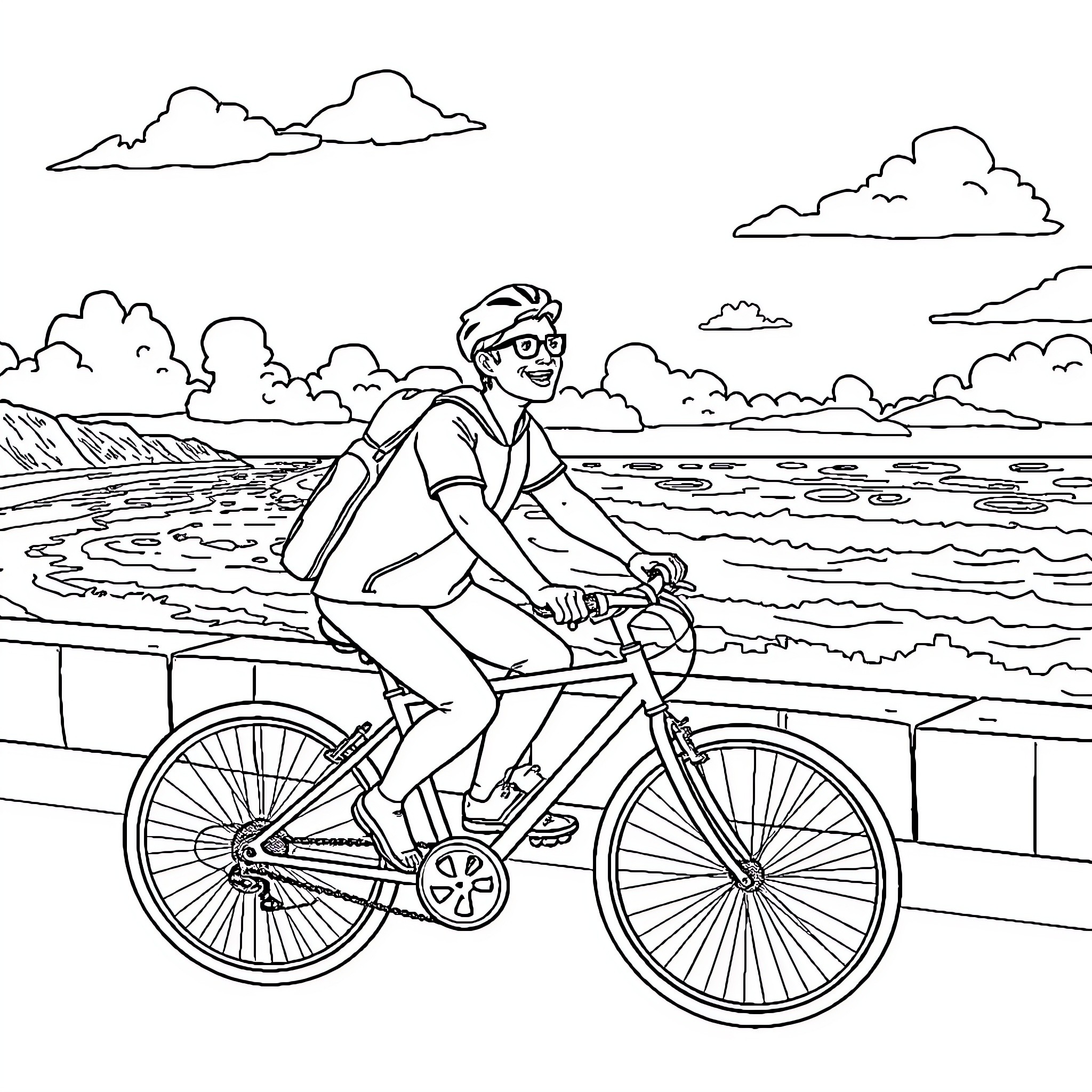 Nou An Giel Cyclist Enjoying the Scenic Beach Coloring Page (free black-and-white line drawing printable PDF for all, from beginners to advanced learners, including children, teens, adults, and seniors)