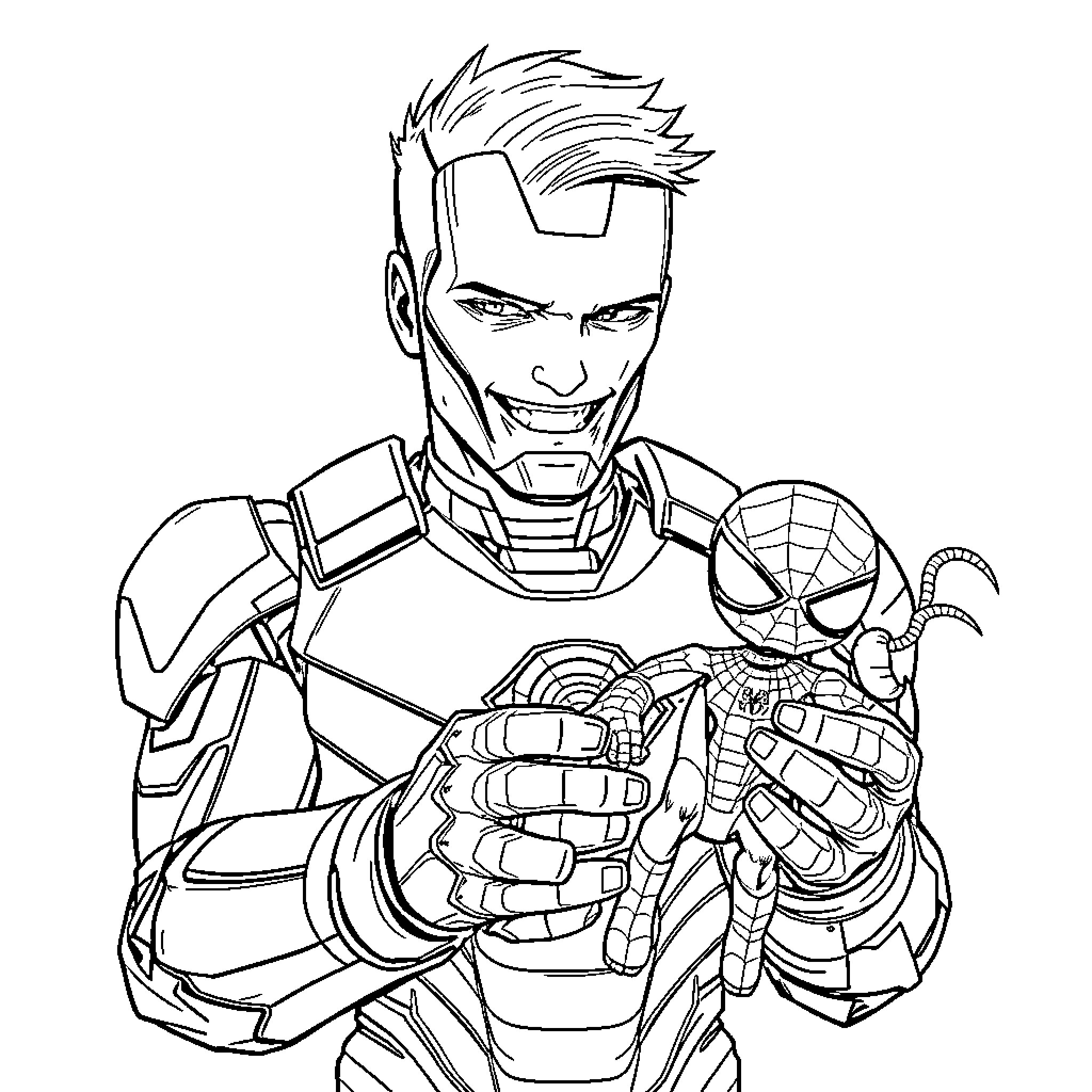 Iron Man Battles Spider-Man in Heroic Encounter Coloring Page (free black-and-white line drawing printable PDF for all, from beginners to advanced learners, including children, teens, adults, and seniors)
