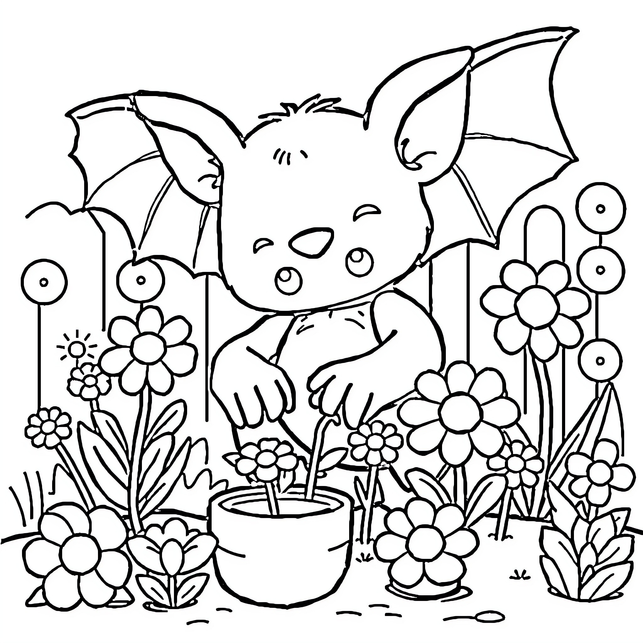 Toy Bat watering flowers in garden Coloring Page (free black-and-white line drawing printable PDF for all, from beginners to advanced learners, including children, teens, adults, and seniors)