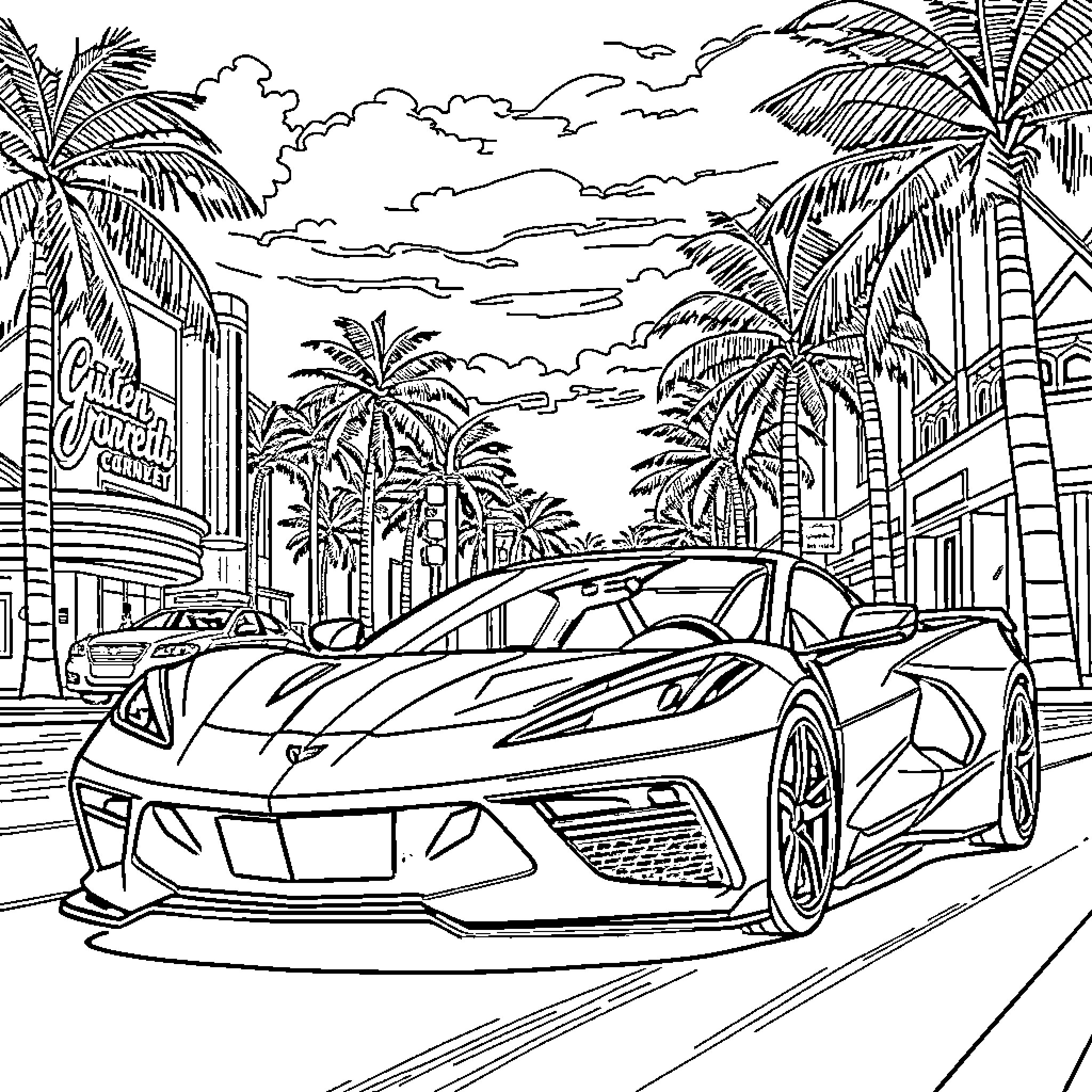 C8 Corvette speeding through a tropical city street Coloring Page (free black-and-white line drawing printable PDF for all, from beginners to advanced learners, including children, teens, adults, and seniors)