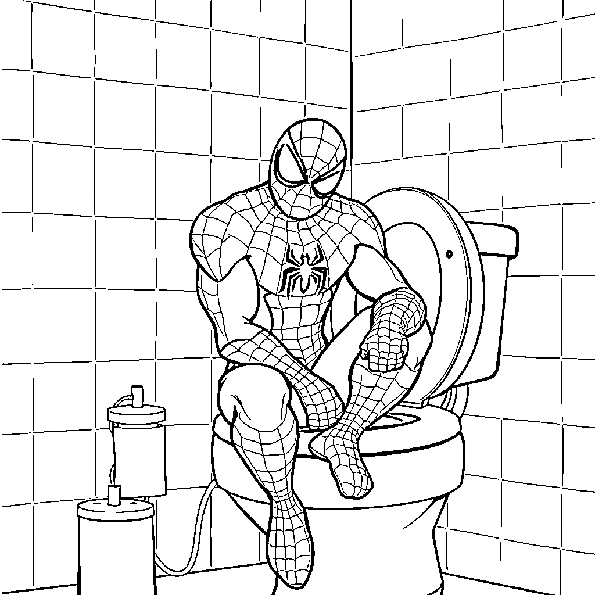 Spiderman sitting on the toilet Coloring Page (free black-and-white line drawing printable PDF for all, from beginners to advanced learners, including children, teens, adults, and seniors)