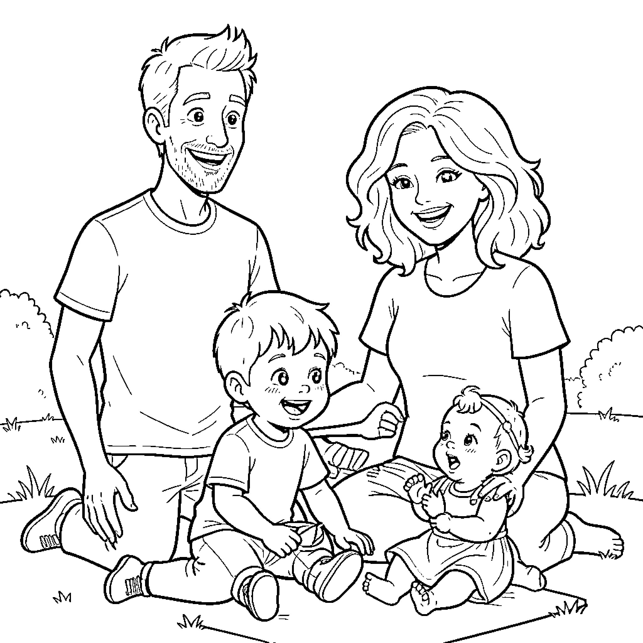 Family sitting together and smiling on the grass Coloring Page (free black-and-white line drawing printable PDF for all, from beginners to advanced learners, including children, teens, adults, and seniors)