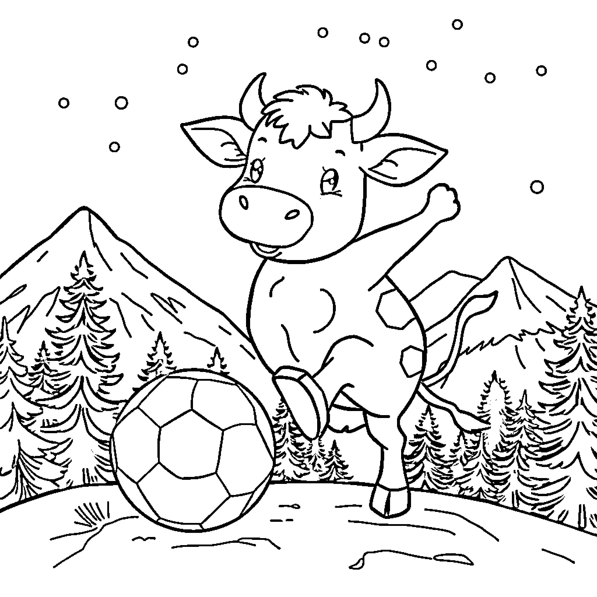 Cow playing with soccer ball in the mountains Coloring Page (free black-and-white line drawing printable PDF for all, from beginners to advanced learners, including children, teens, adults, and seniors)