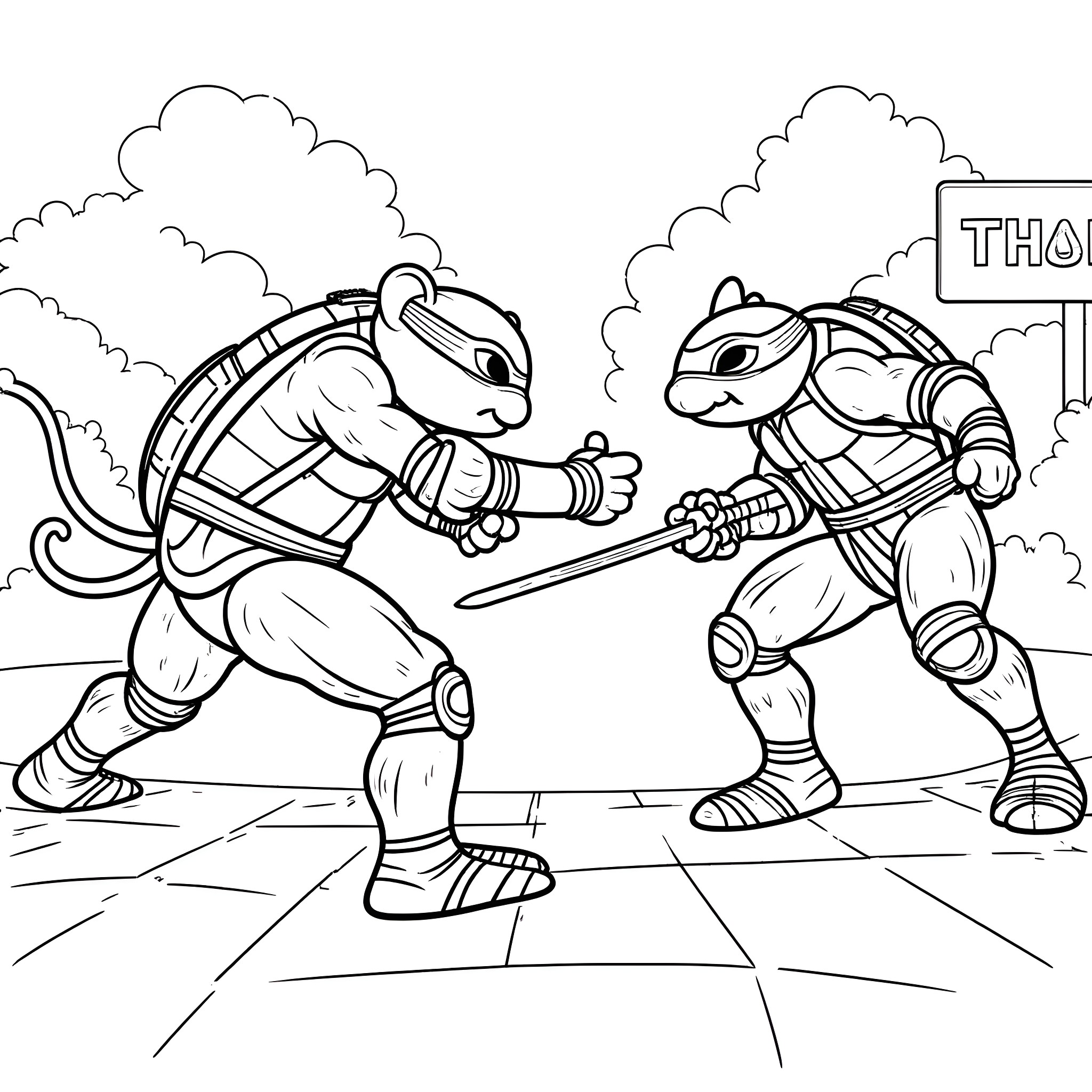 Ninja Turtles engaged in an epic battle Coloring Page (free black-and-white line drawing printable PDF for all, from beginners to advanced learners, including children, teens, adults, and seniors)