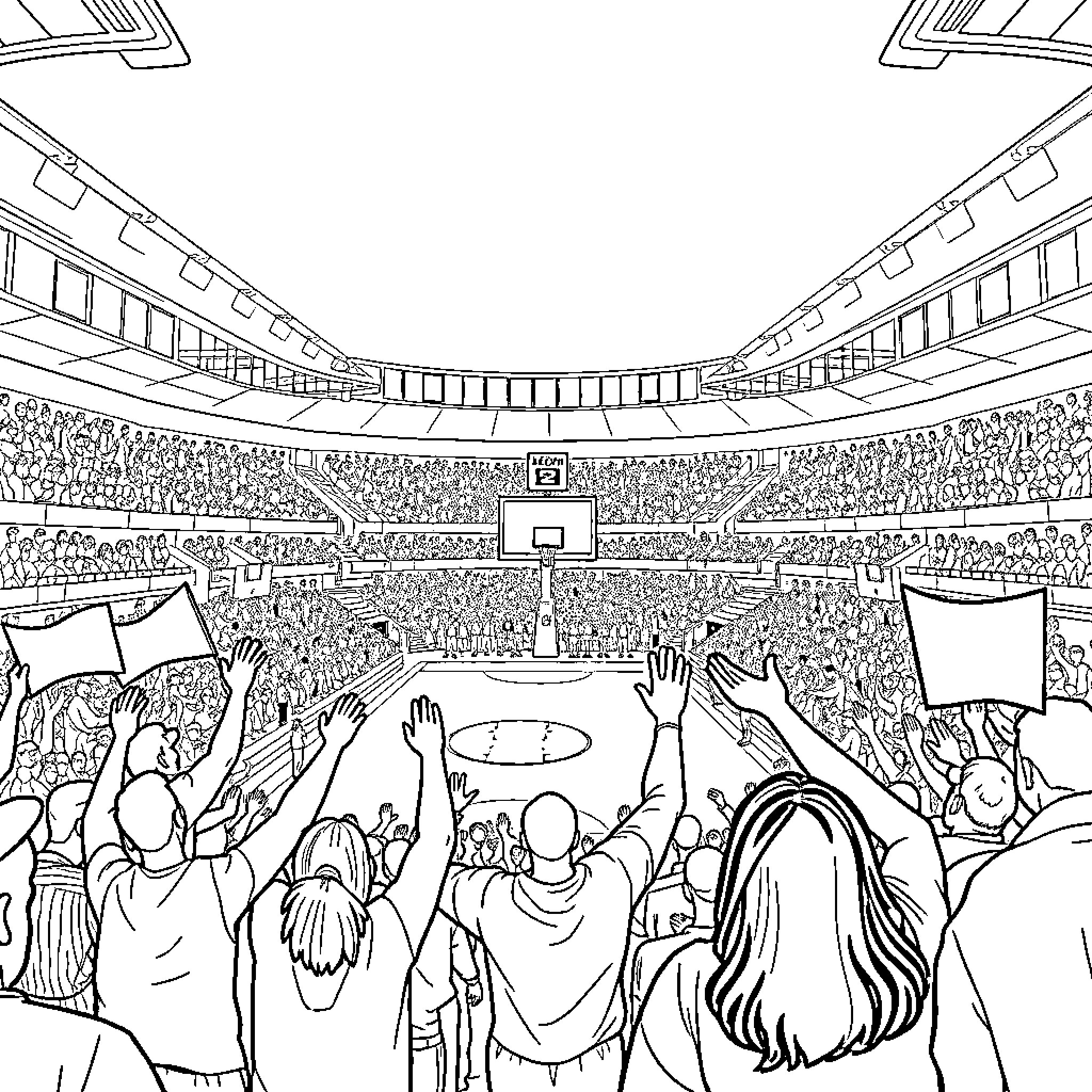 Basketball Stadium Filled with Enthusiastic Crowd Coloring Page (free black-and-white line drawing printable PDF for all, from beginners to advanced learners, including children, teens, adults, and seniors)
