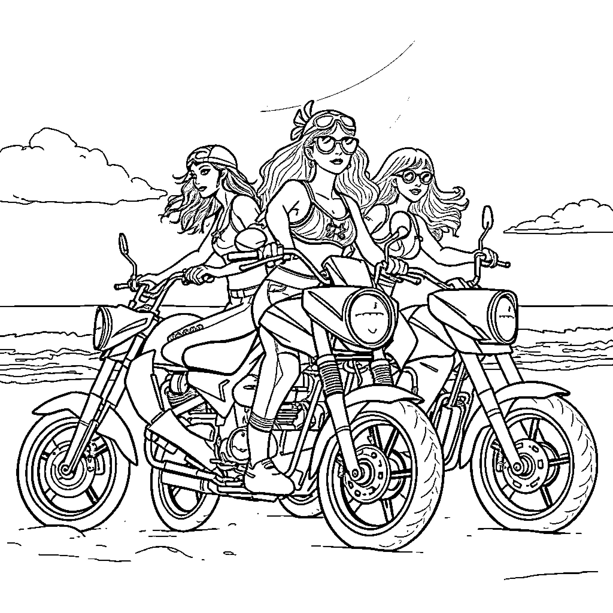 Princess Bikers Enjoying Adventure on Motorcycles Coloring Page (free black-and-white line drawing printable PDF for all, from beginners to advanced learners, including children, teens, adults, and seniors)