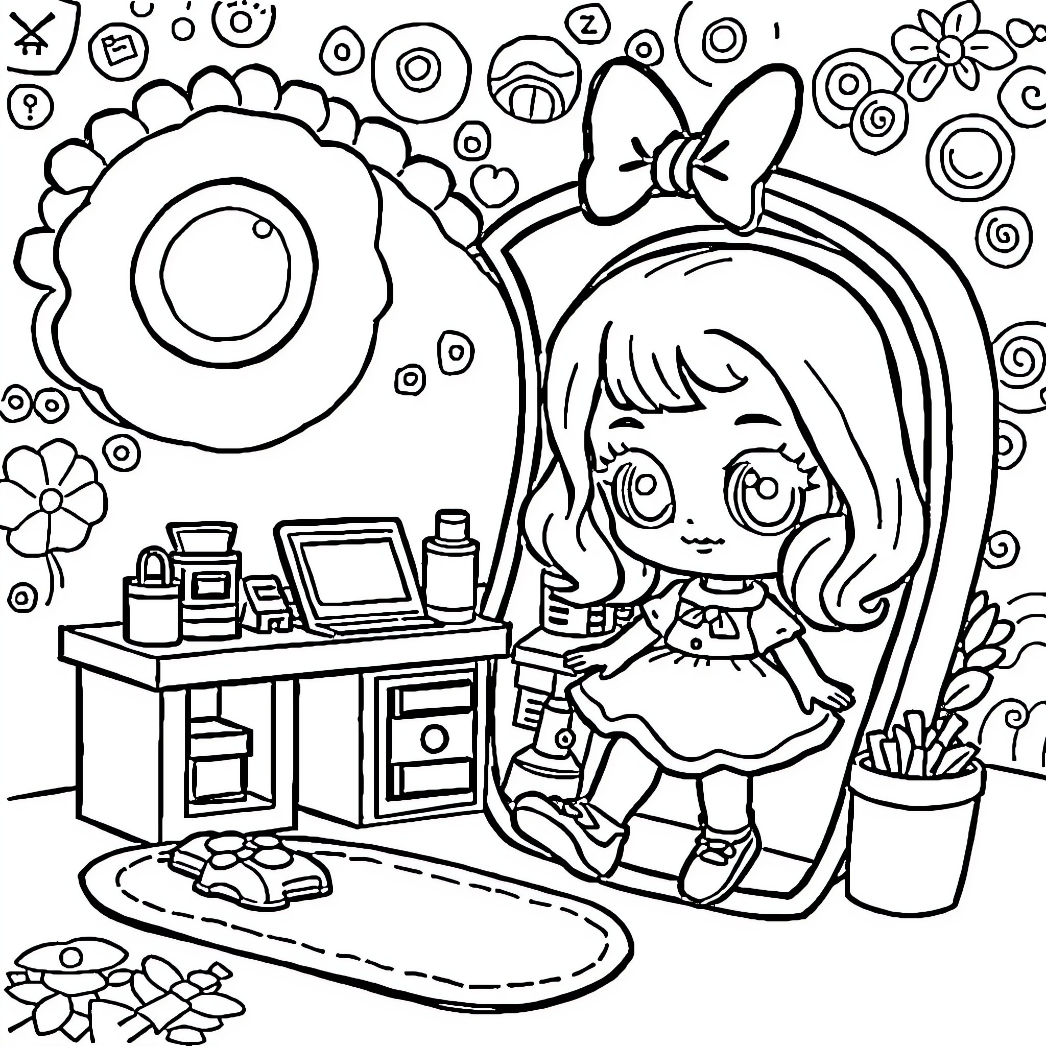 Polly Pocket playing at her desk with toys Coloring Page (free black-and-white line drawing printable PDF for all, from beginners to advanced learners, including children, teens, adults, and seniors)