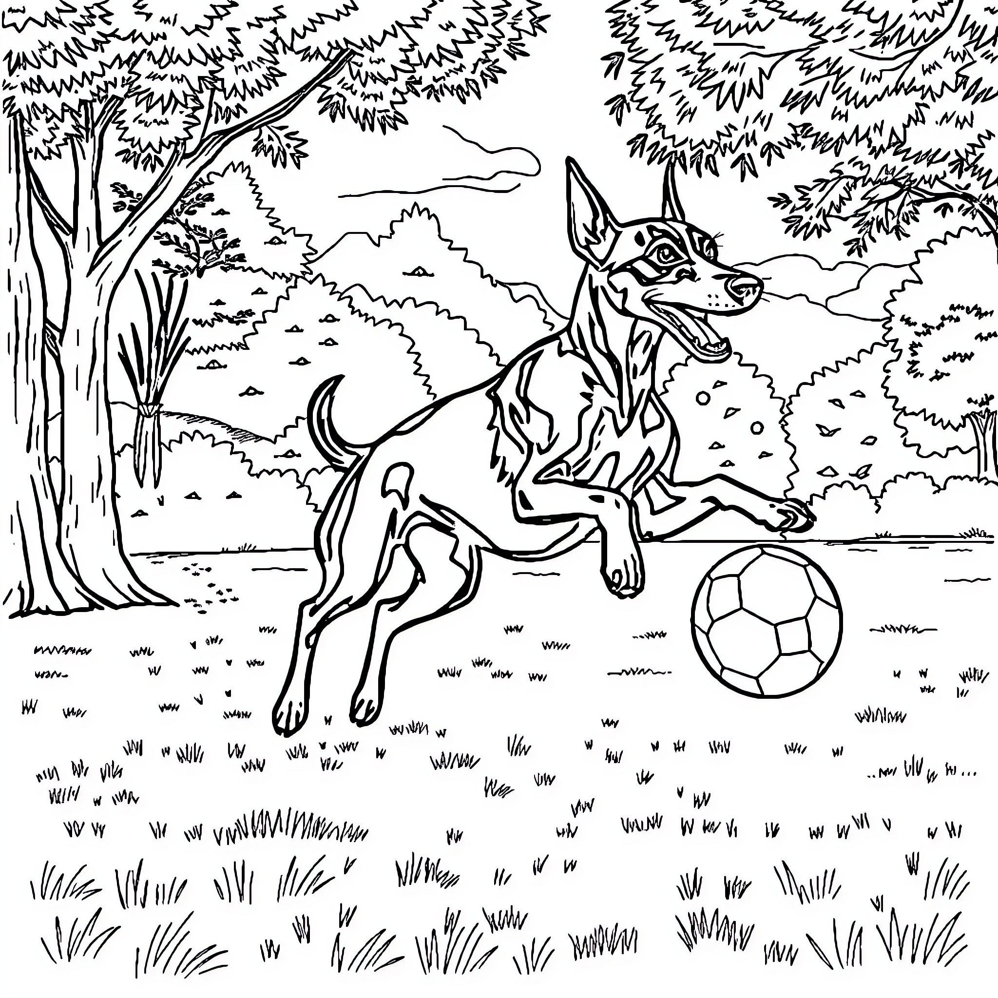 Perro playing joyfully with soccer ball in nature Coloring Page (free black-and-white line drawing printable PDF for all, from beginners to advanced learners, including children, teens, adults, and seniors)