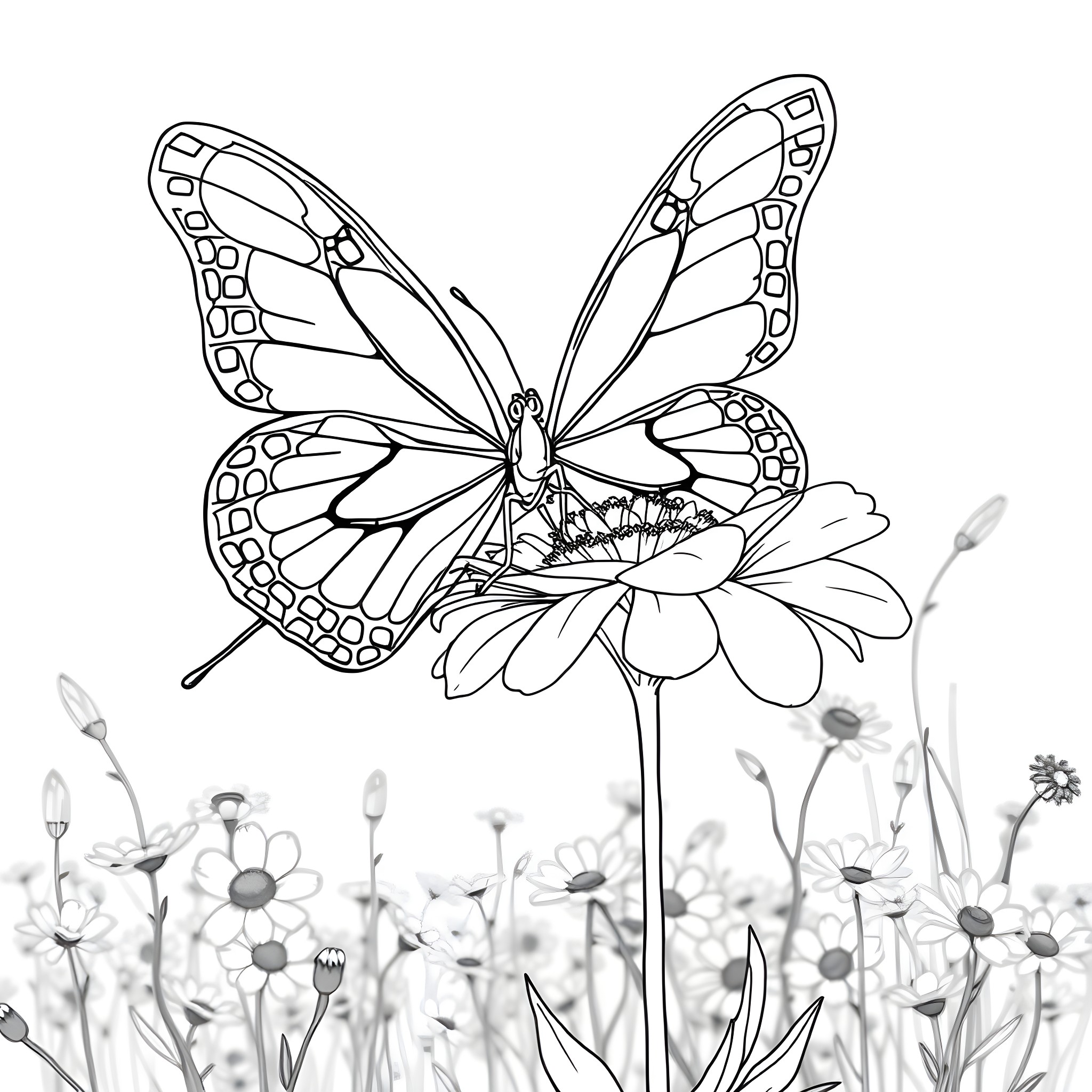 Butterfly resting on a flower in a field Coloring Page (free black-and-white line drawing printable PDF for all, from beginners to advanced learners, including children, teens, adults, and seniors)
