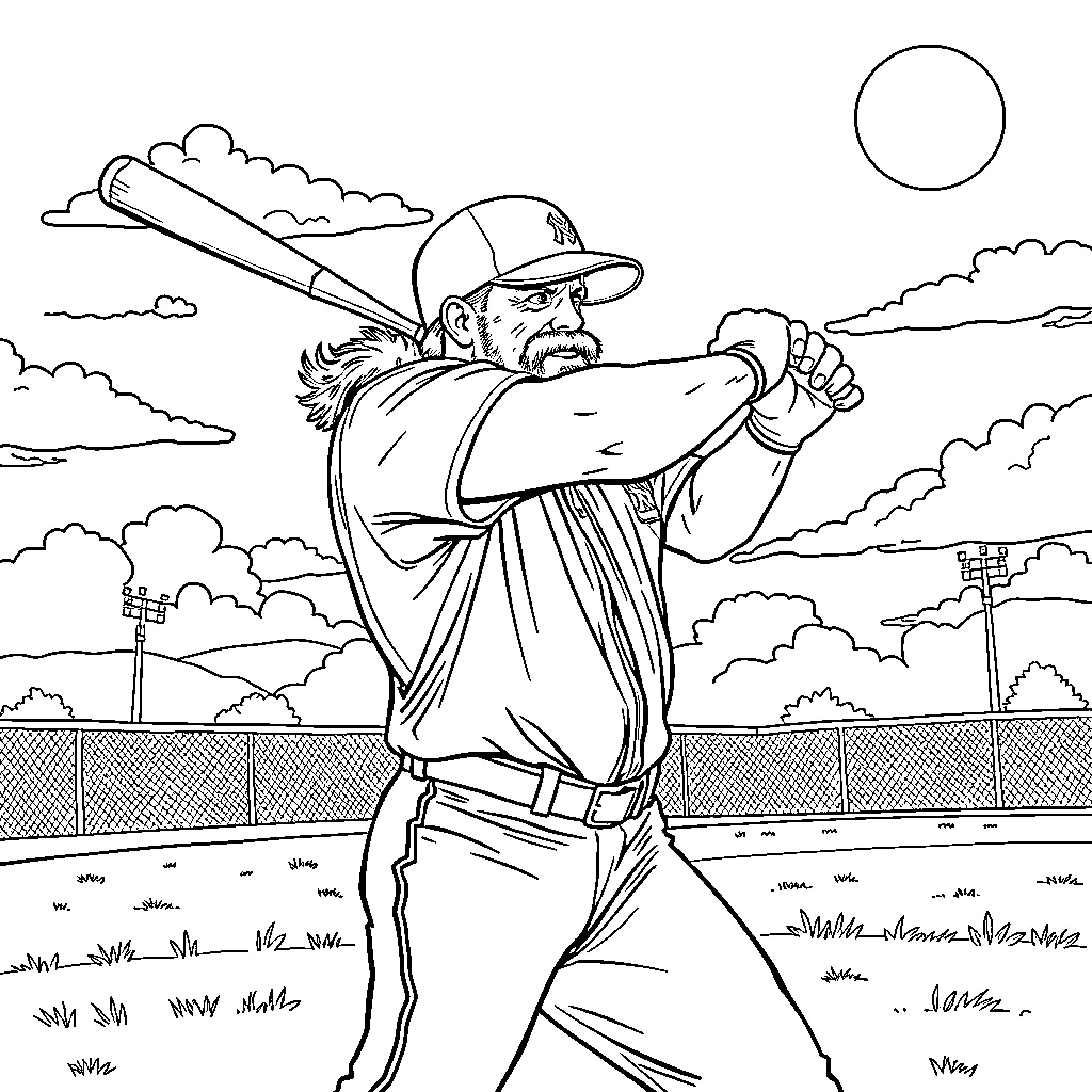 Hulk Hogan batting at baseball game Coloring Page (free black-and-white line drawing printable PDF for all, from beginners to advanced learners, including children, teens, adults, and seniors)