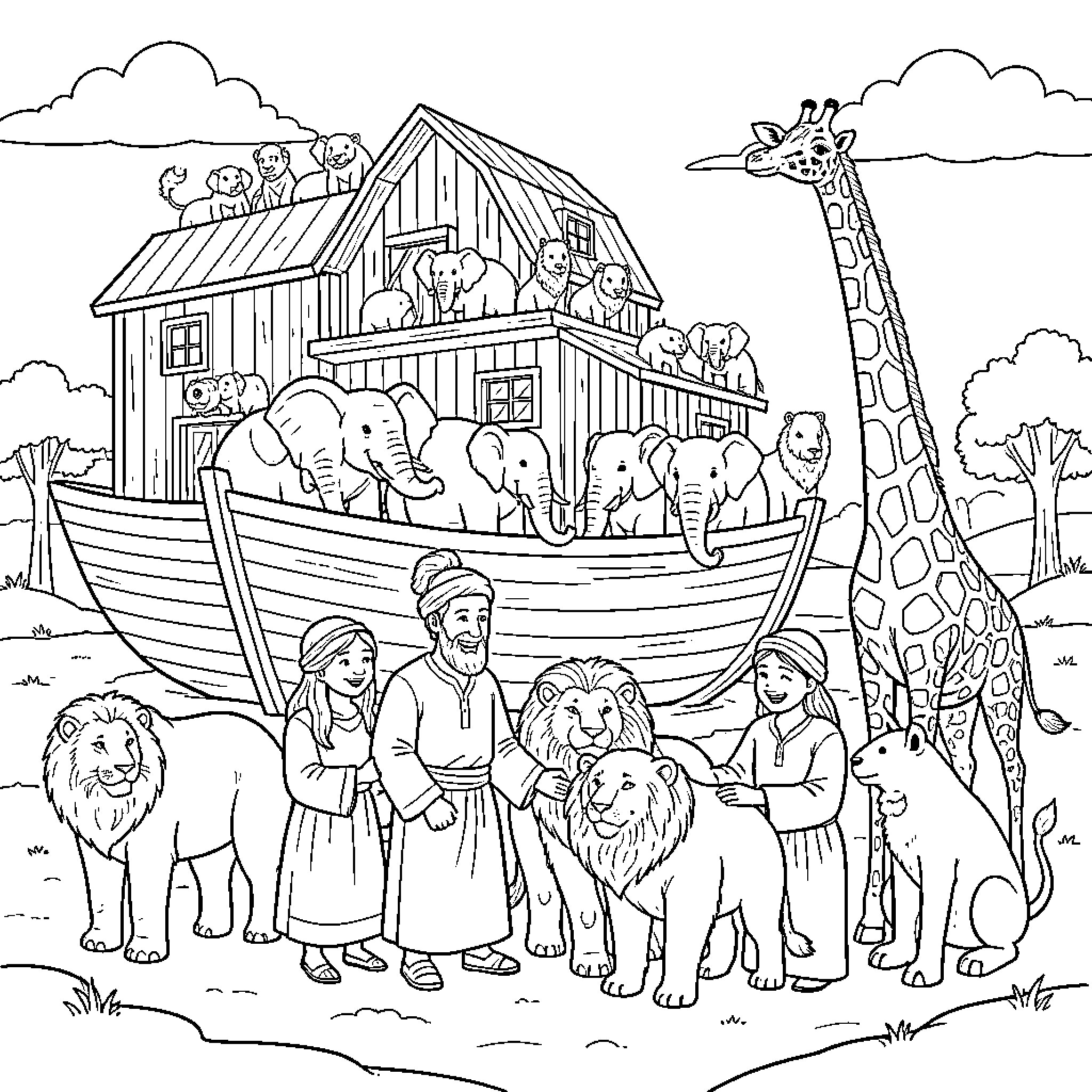 Noah's Ark with Animals and Families Aboard Coloring Page (free black-and-white line drawing printable PDF for all, from beginners to advanced learners, including children, teens, adults, and seniors)