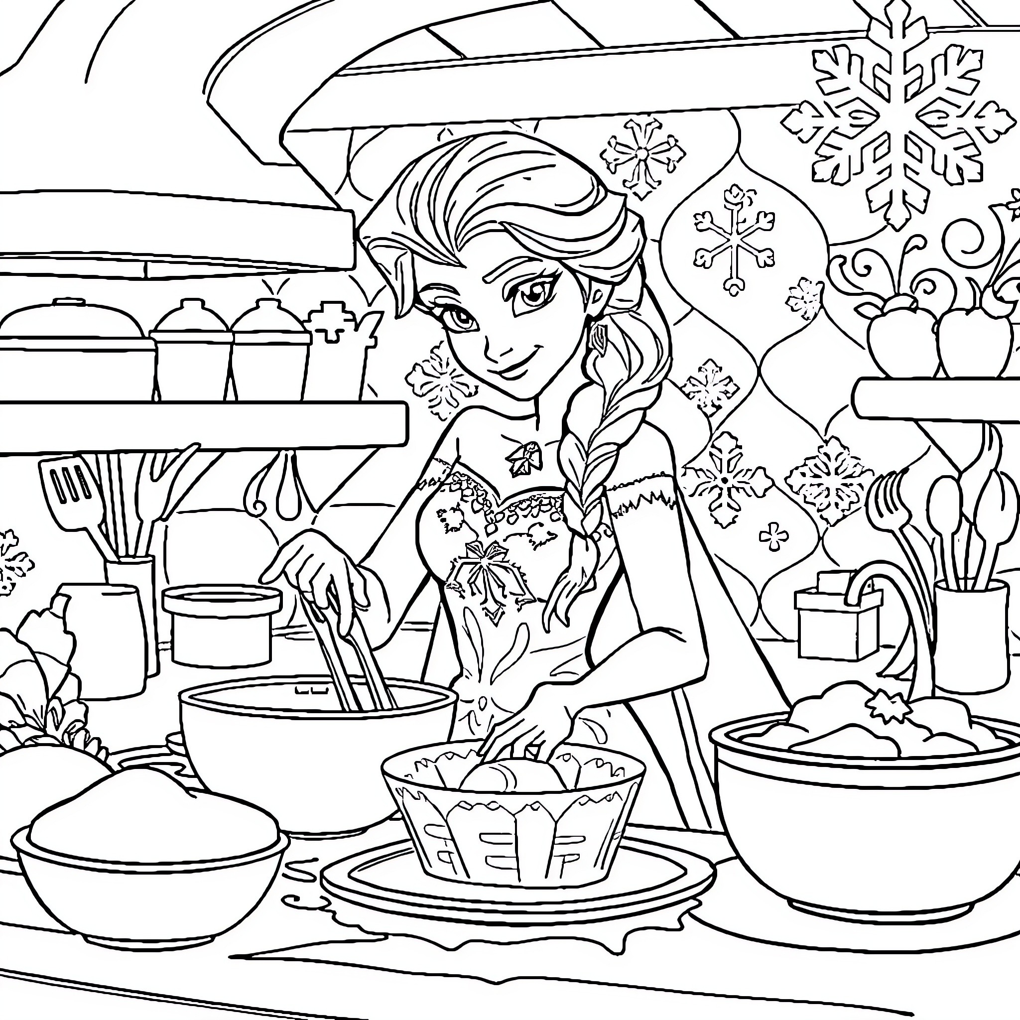 Elsa's Cozy Kitchen: Cooking Up Winter Delights Coloring Page (free black-and-white line drawing printable PDF for all, from beginners to advanced learners, including children, teens, adults, and seniors)