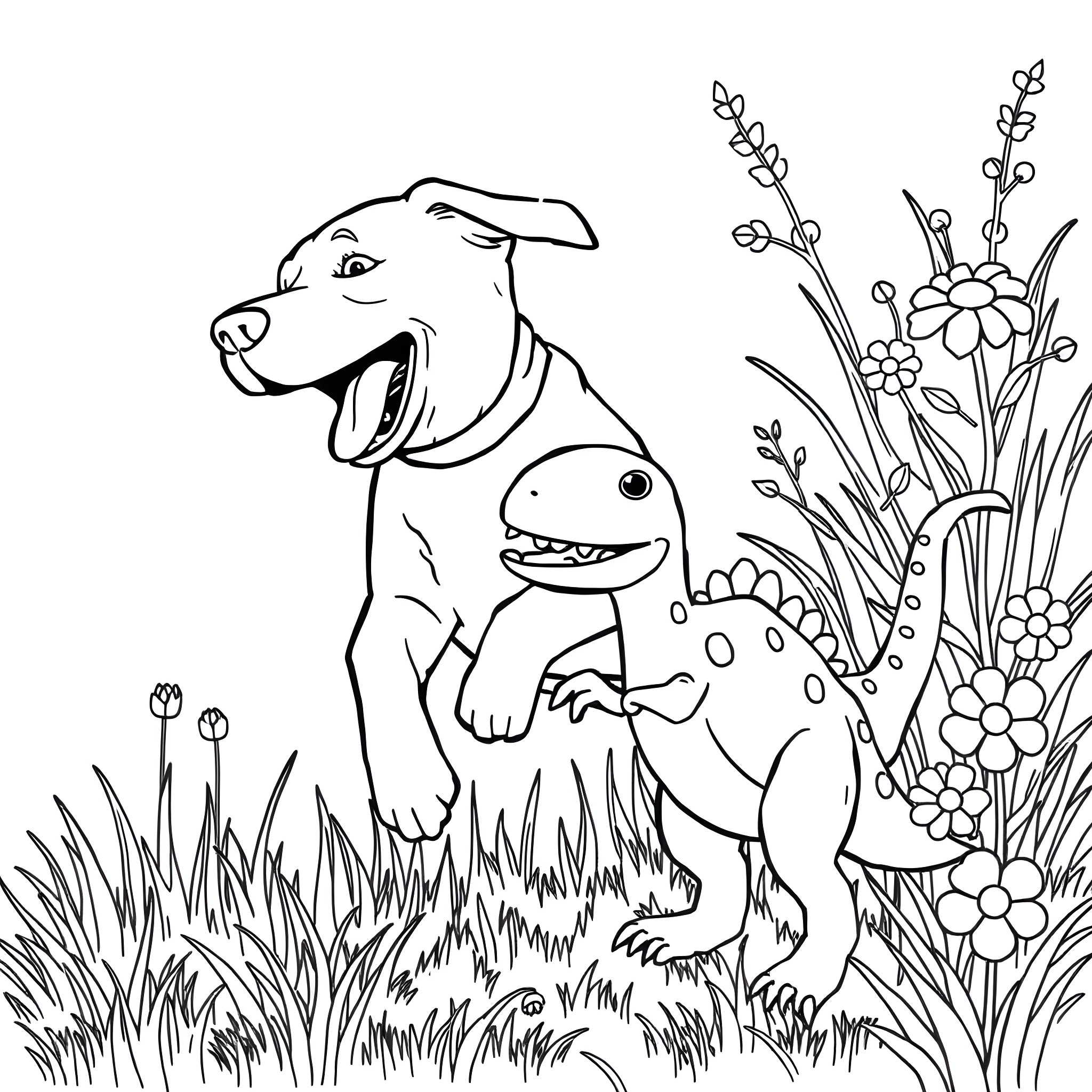 Labrador playing with dinosaur in nature Coloring Page (free black-and-white line drawing printable PDF for all, from beginners to advanced learners, including children, teens, adults, and seniors)