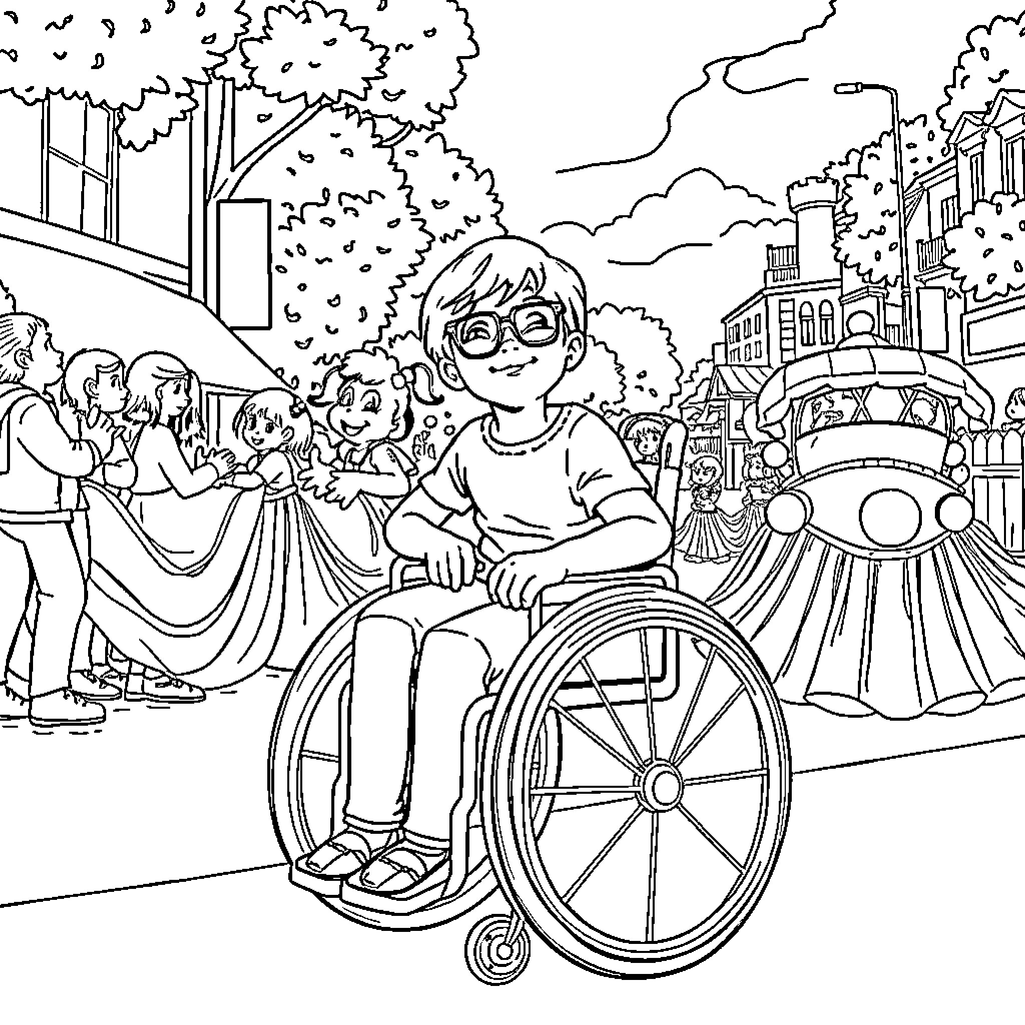 Girl enjoying a day out in a wheelchair at a carnival Coloring Page (free black-and-white line drawing printable PDF for all, from beginners to advanced learners, including children, teens, adults, and seniors)
