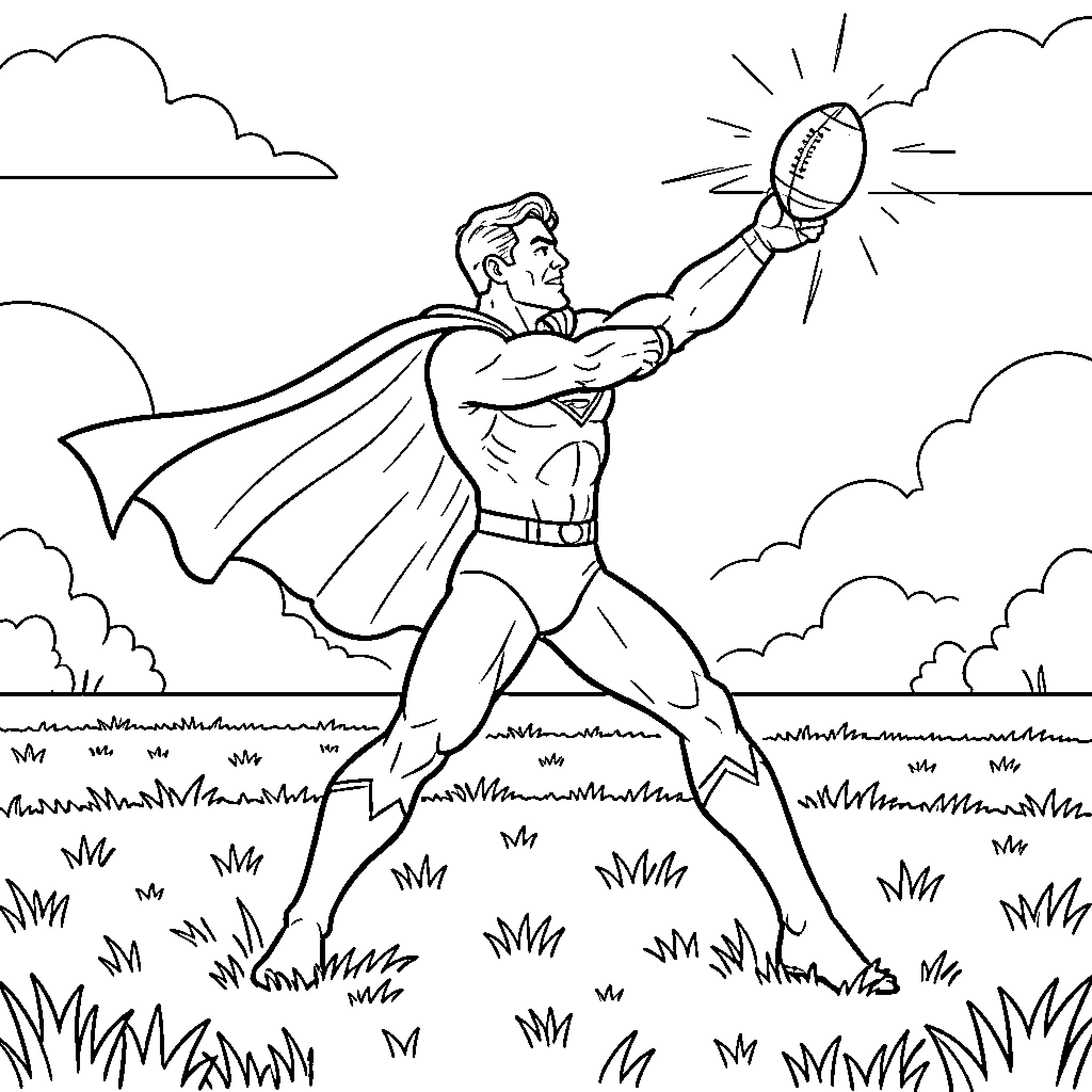 Superman throwing an American football in a field Coloring Page (free black-and-white line drawing printable PDF for all, from beginners to advanced learners, including children, teens, adults, and seniors)